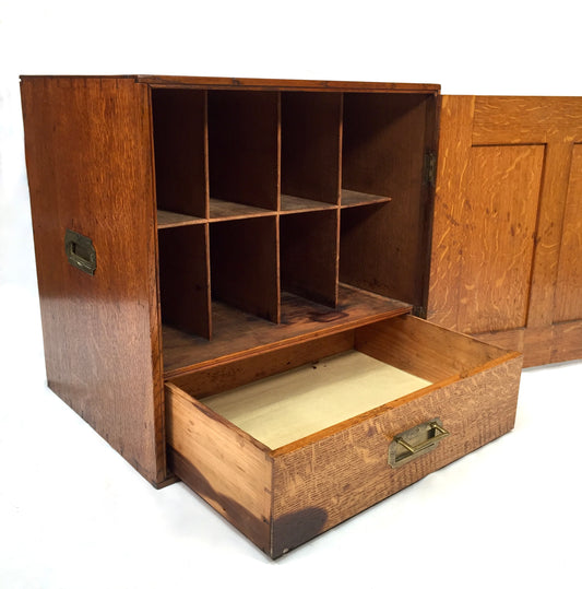 Antique Large Oak Desktop Wooden Stationery Cabinet Storage Box with Key c.1920