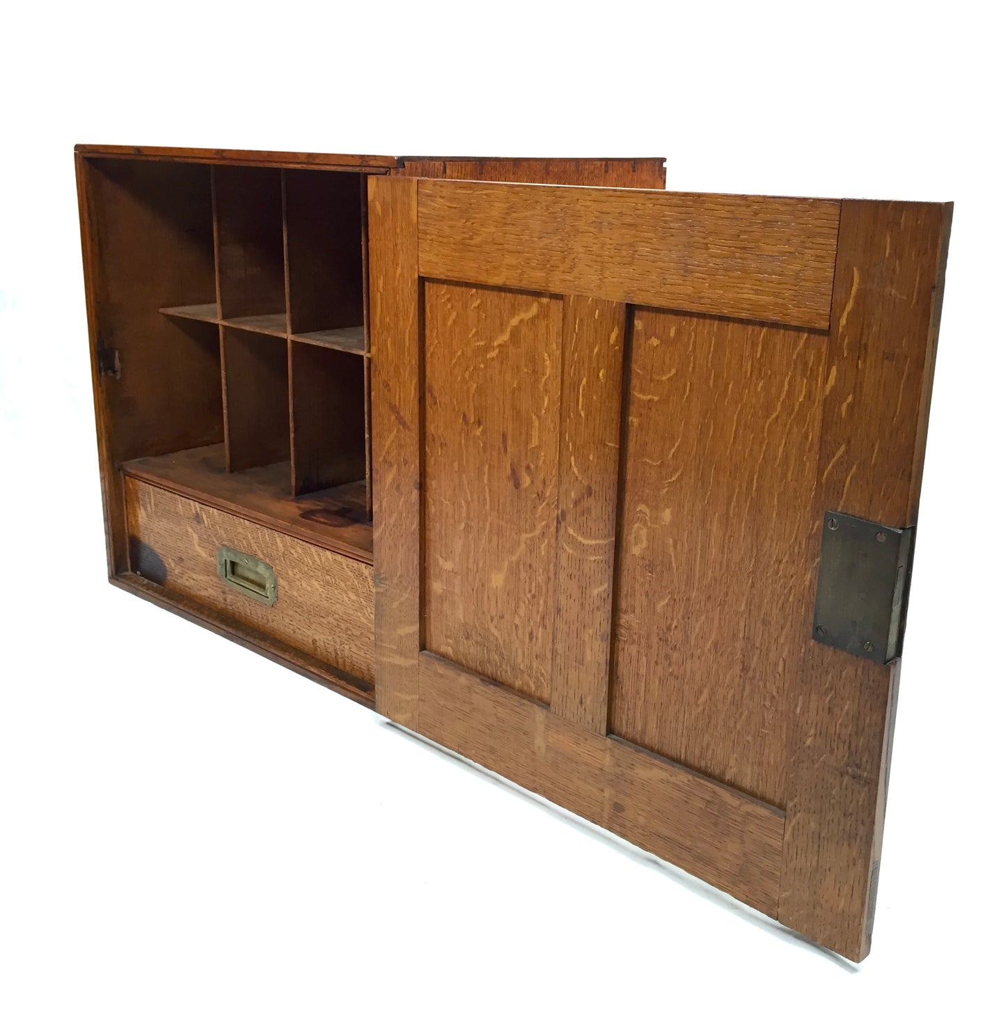 Antique Large Oak Desktop Wooden Stationery Cabinet Storage Box with Key c.1920