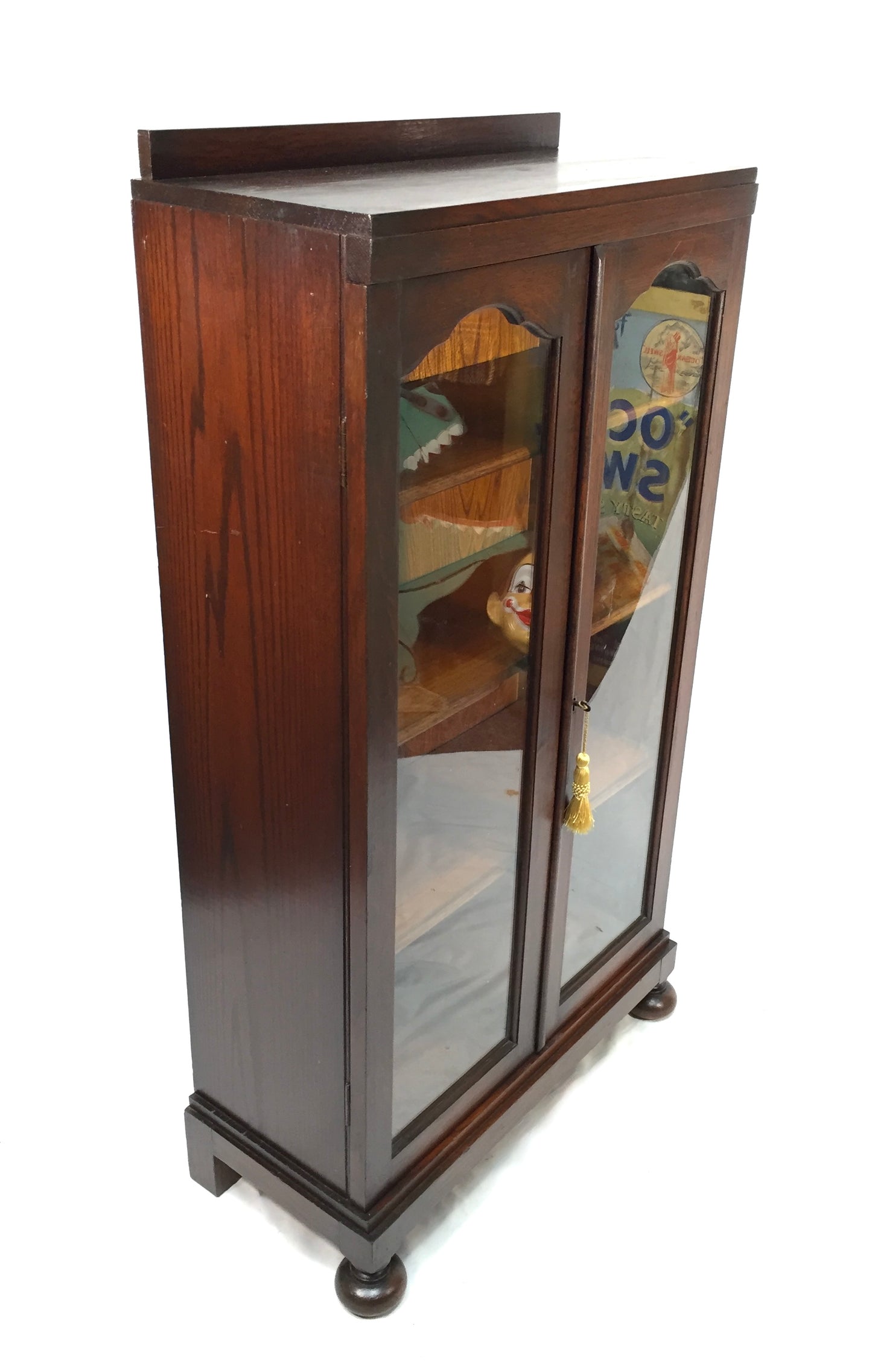 Antique Wooden Oak & Glazed Fronted Bookcase Cabinet Shelf with Key c.1930