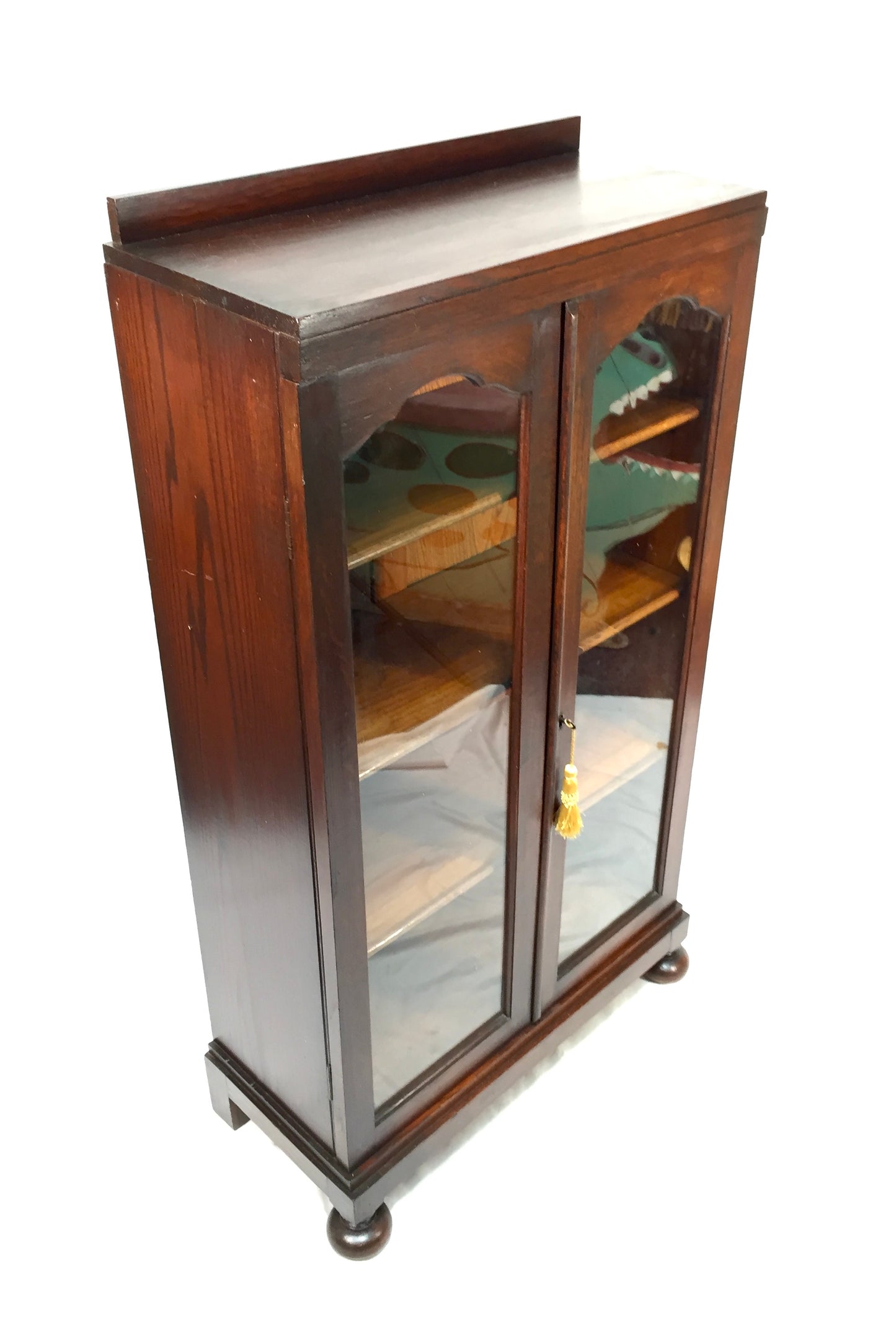 Antique Wooden Oak & Glazed Fronted Bookcase Cabinet Shelf with Key c.1930