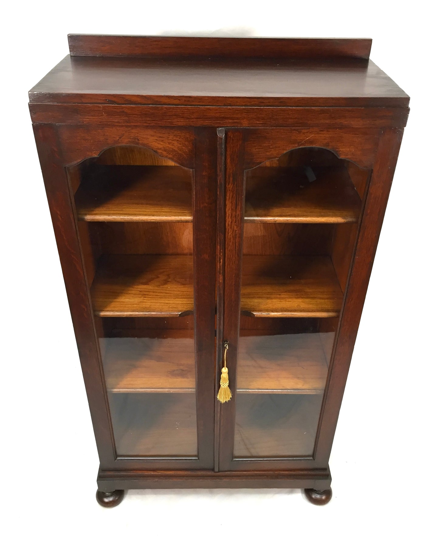 Antique Wooden Oak & Glazed Fronted Bookcase Cabinet Shelf with Key c.1930