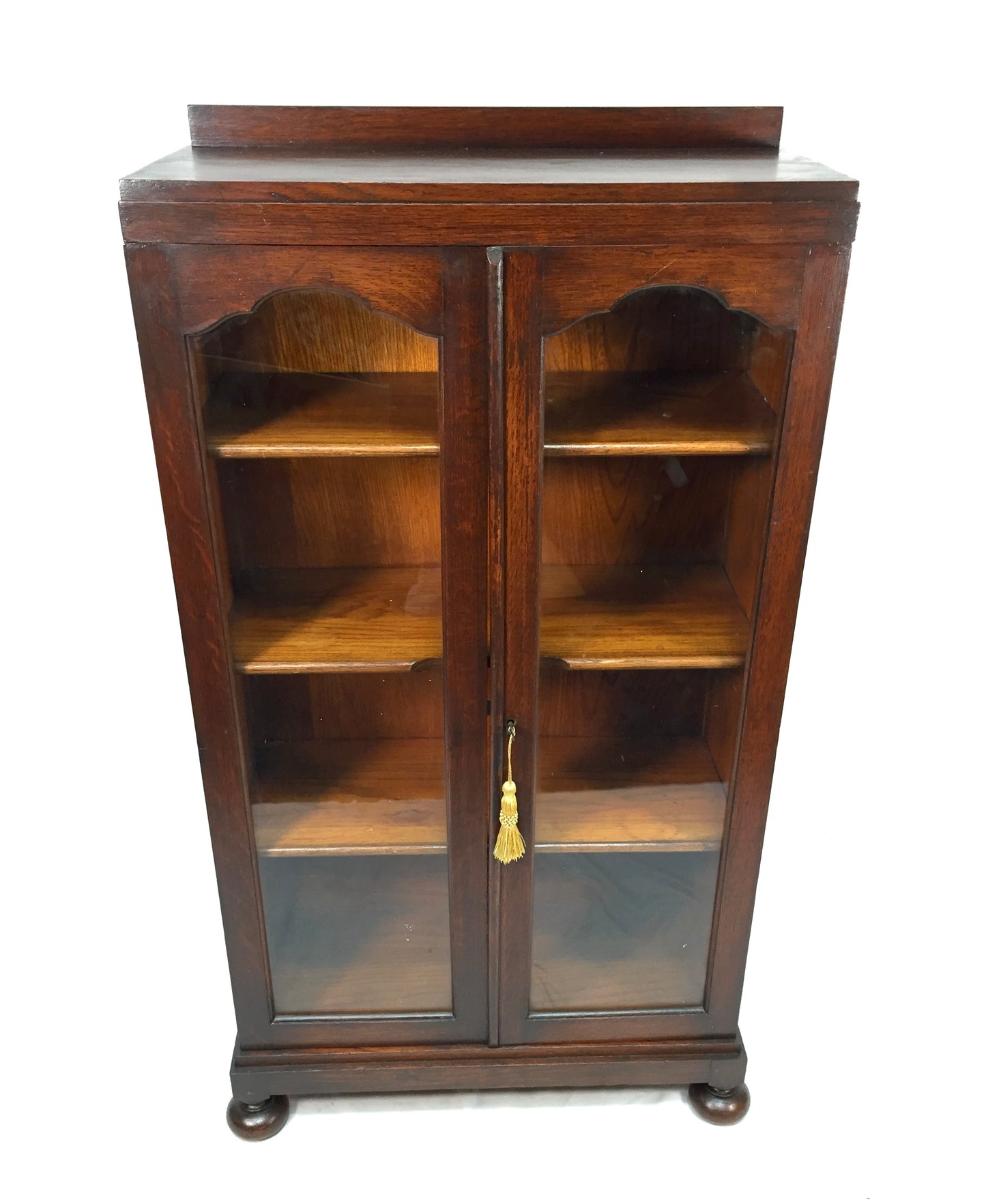 Antique Wooden Oak & Glazed Fronted Bookcase Cabinet Shelf with Key c.1930