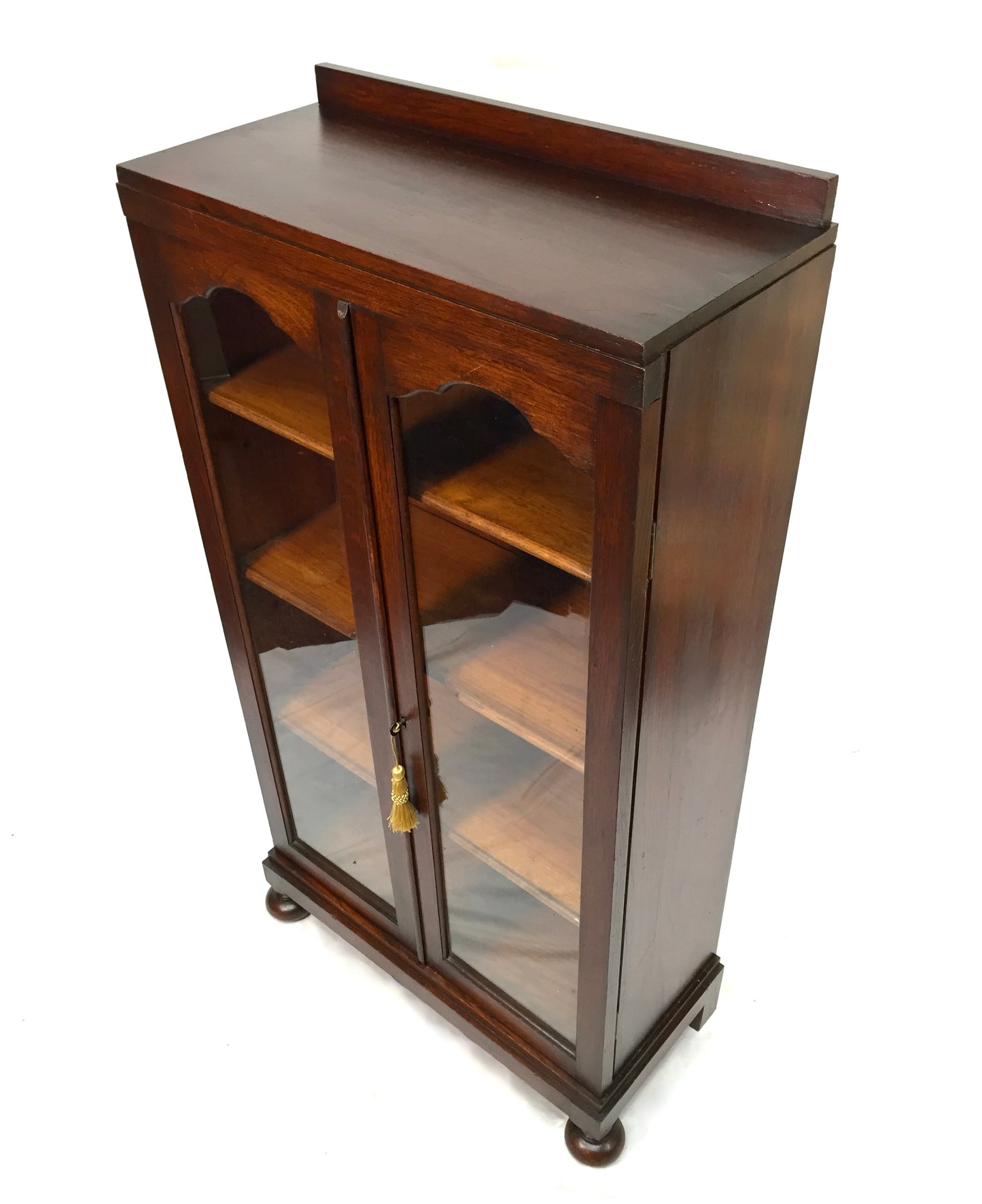 Antique Wooden Oak & Glazed Fronted Bookcase Cabinet Shelf with Key c.1930