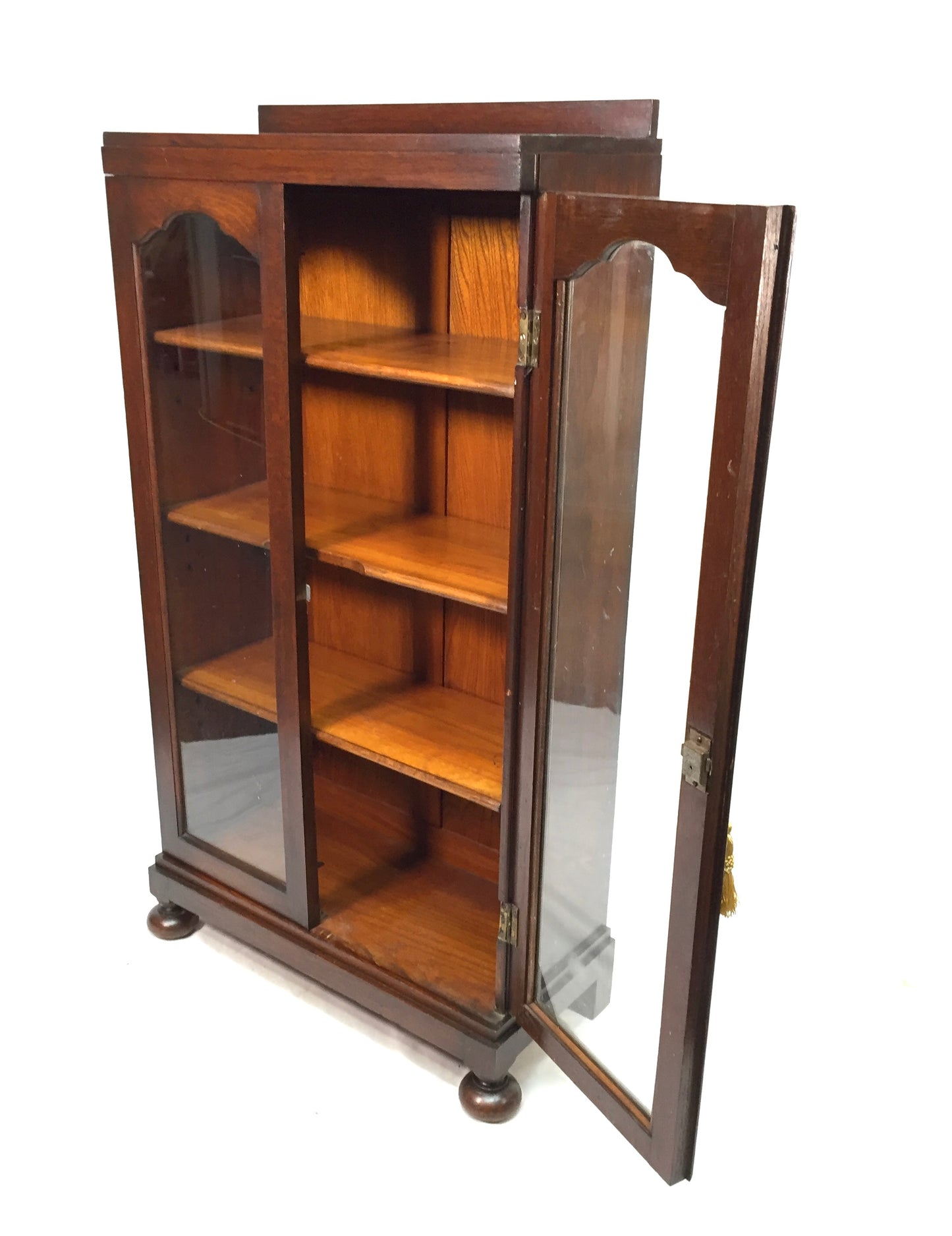 Antique Wooden Oak & Glazed Fronted Bookcase Cabinet Shelf with Key c.1930