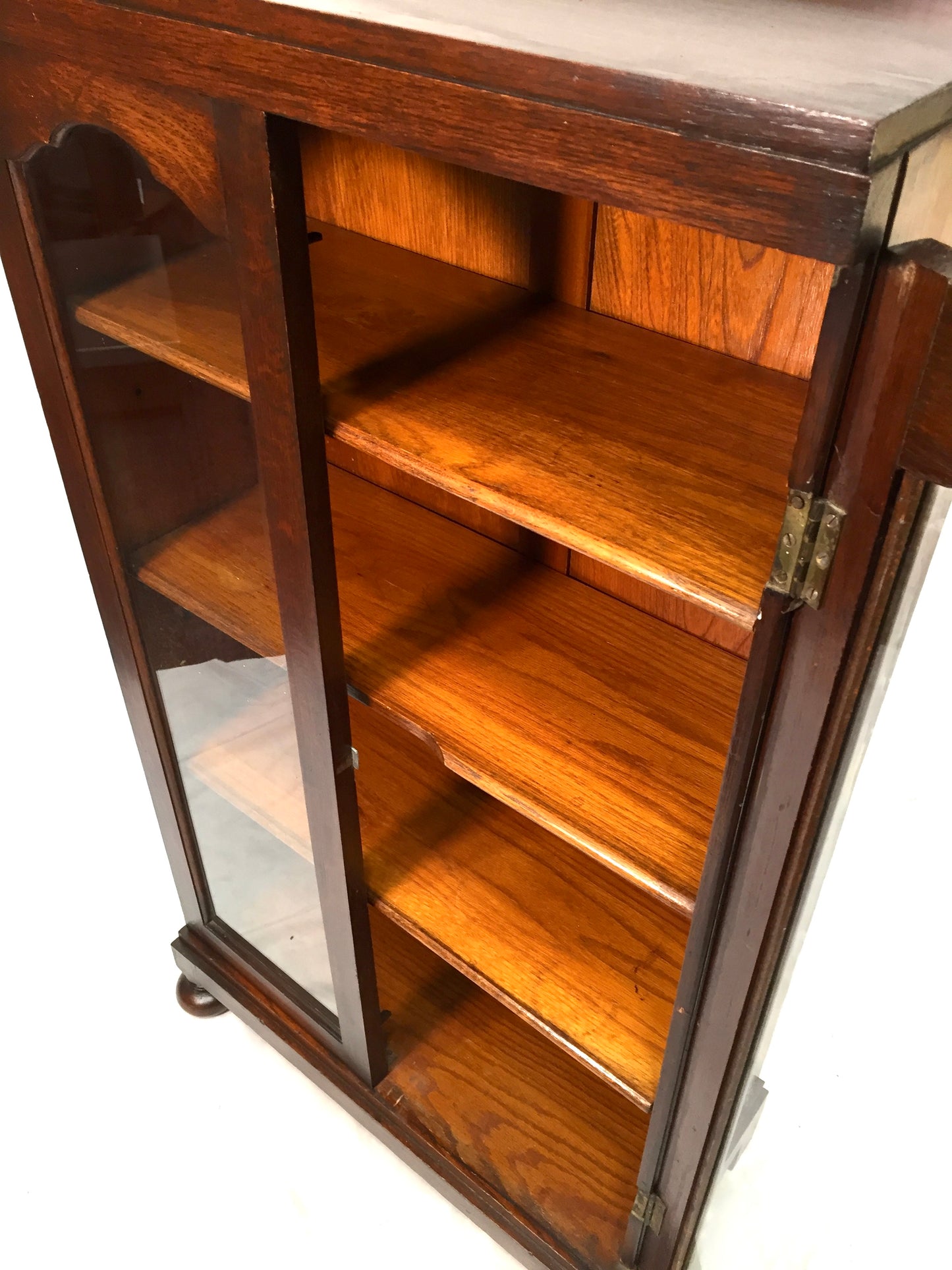 Antique Wooden Oak & Glazed Fronted Bookcase Cabinet Shelf with Key c.1930