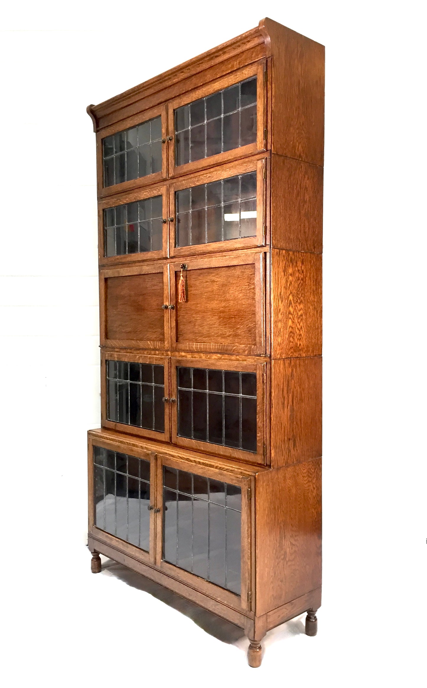 Antique 1930s Minty Oak Leaded Glass Fronted Sectional Bookcase & Bureau Cabinet