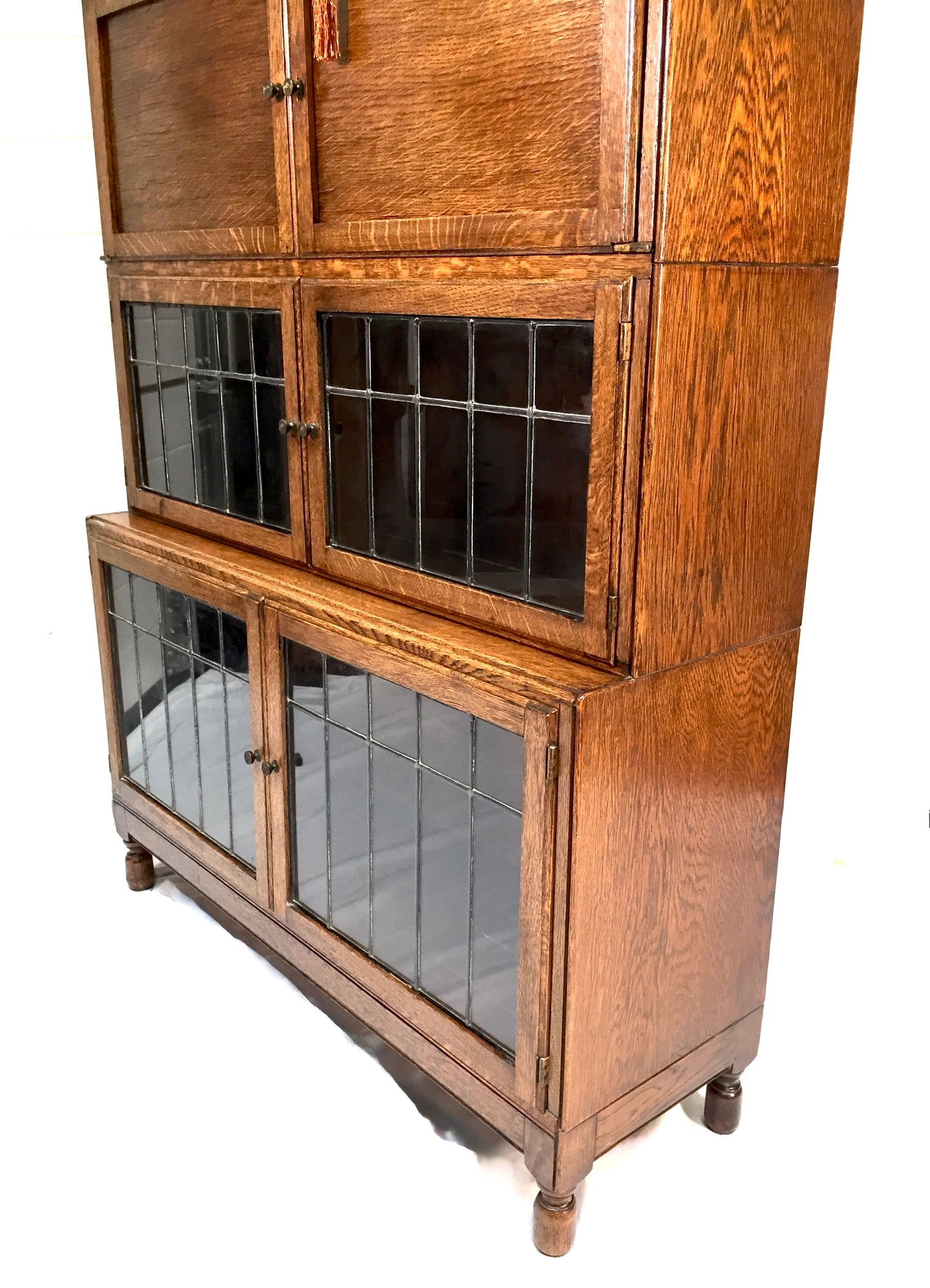 Antique 1930s Minty Oak Leaded Glass Fronted Sectional Bookcase & Bureau Cabinet