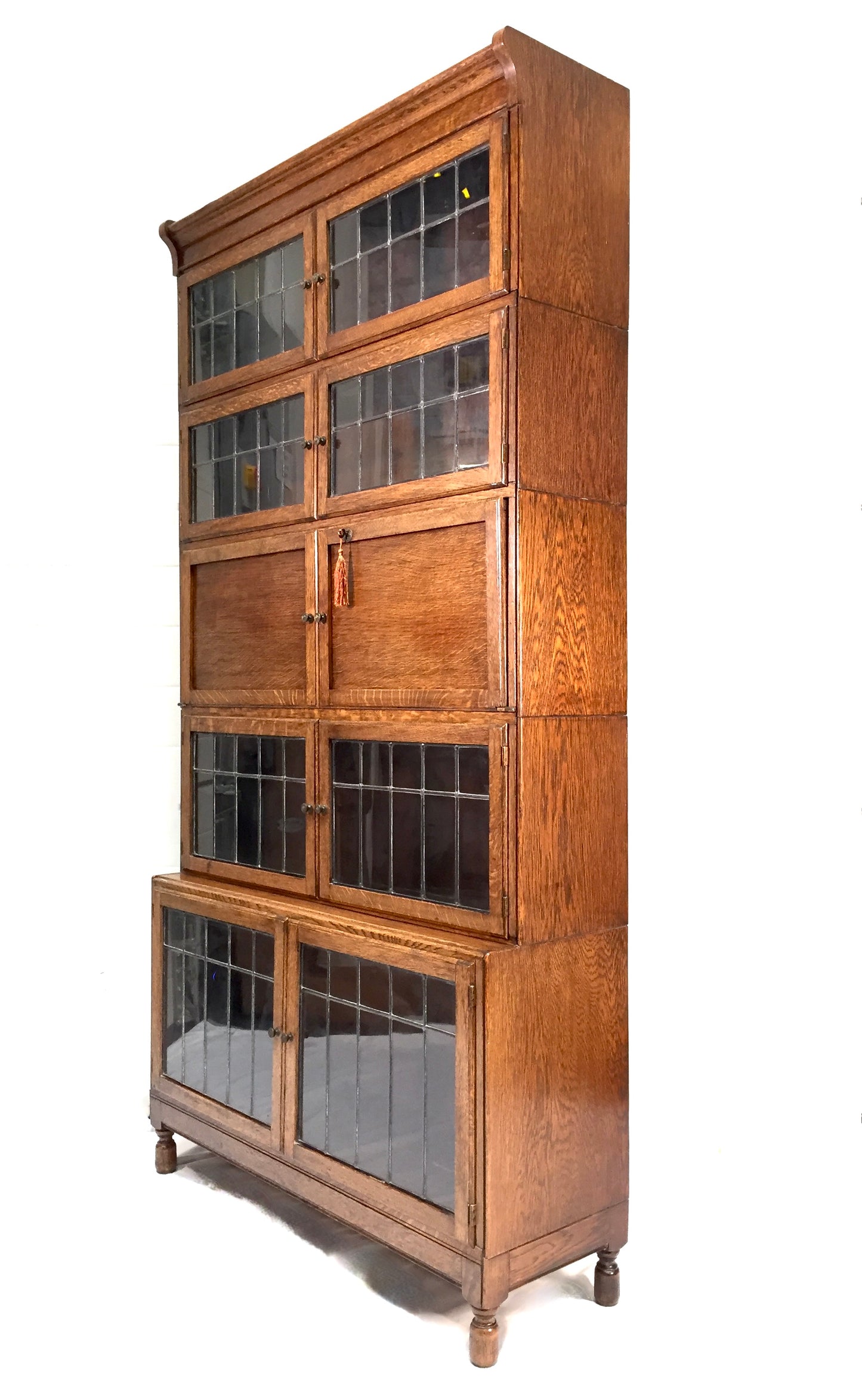 Antique 1930s Minty Oak Leaded Glass Fronted Sectional Bookcase & Bureau Cabinet