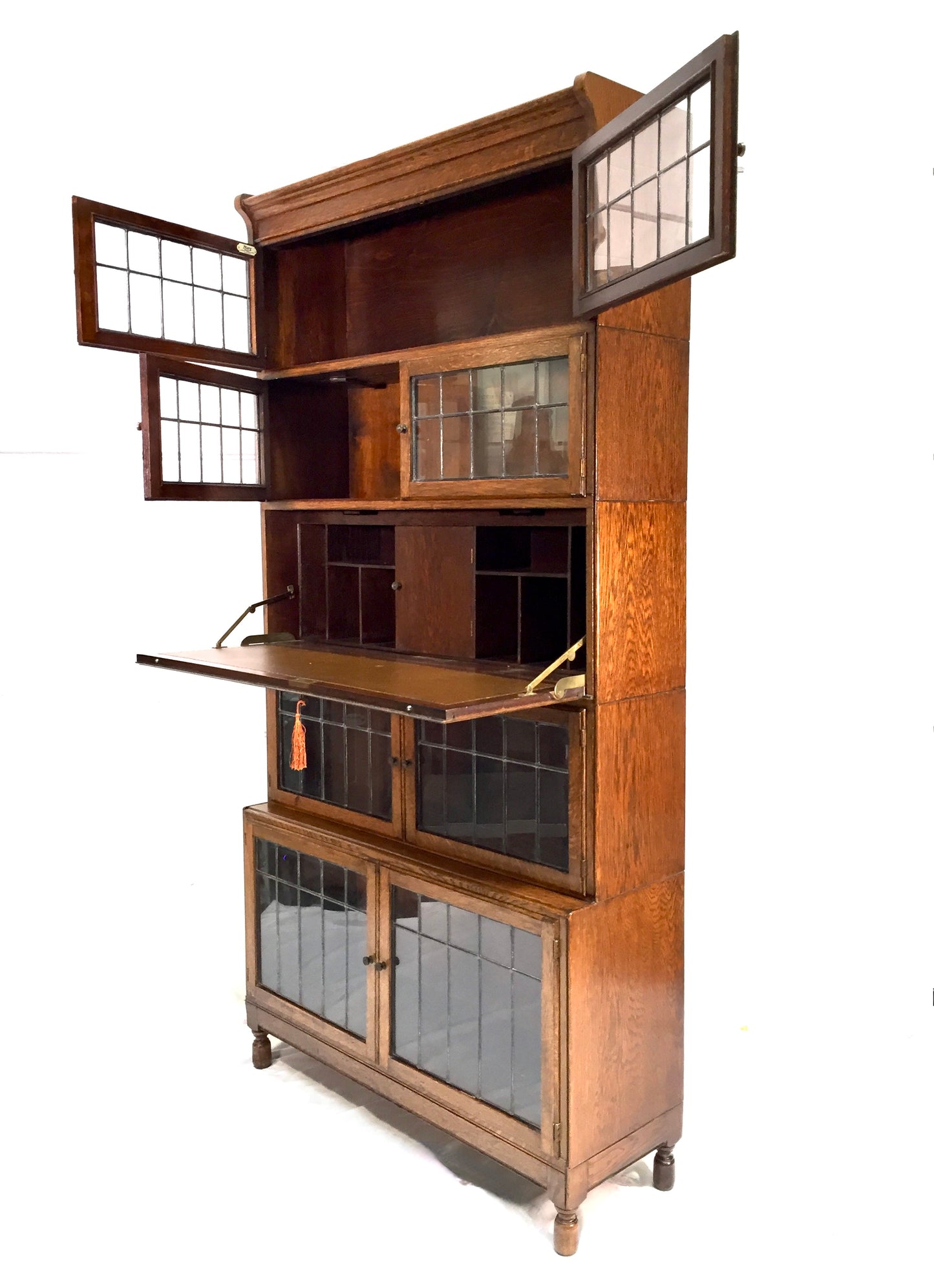 Antique 1930s Minty Oak Leaded Glass Fronted Sectional Bookcase & Bureau Cabinet