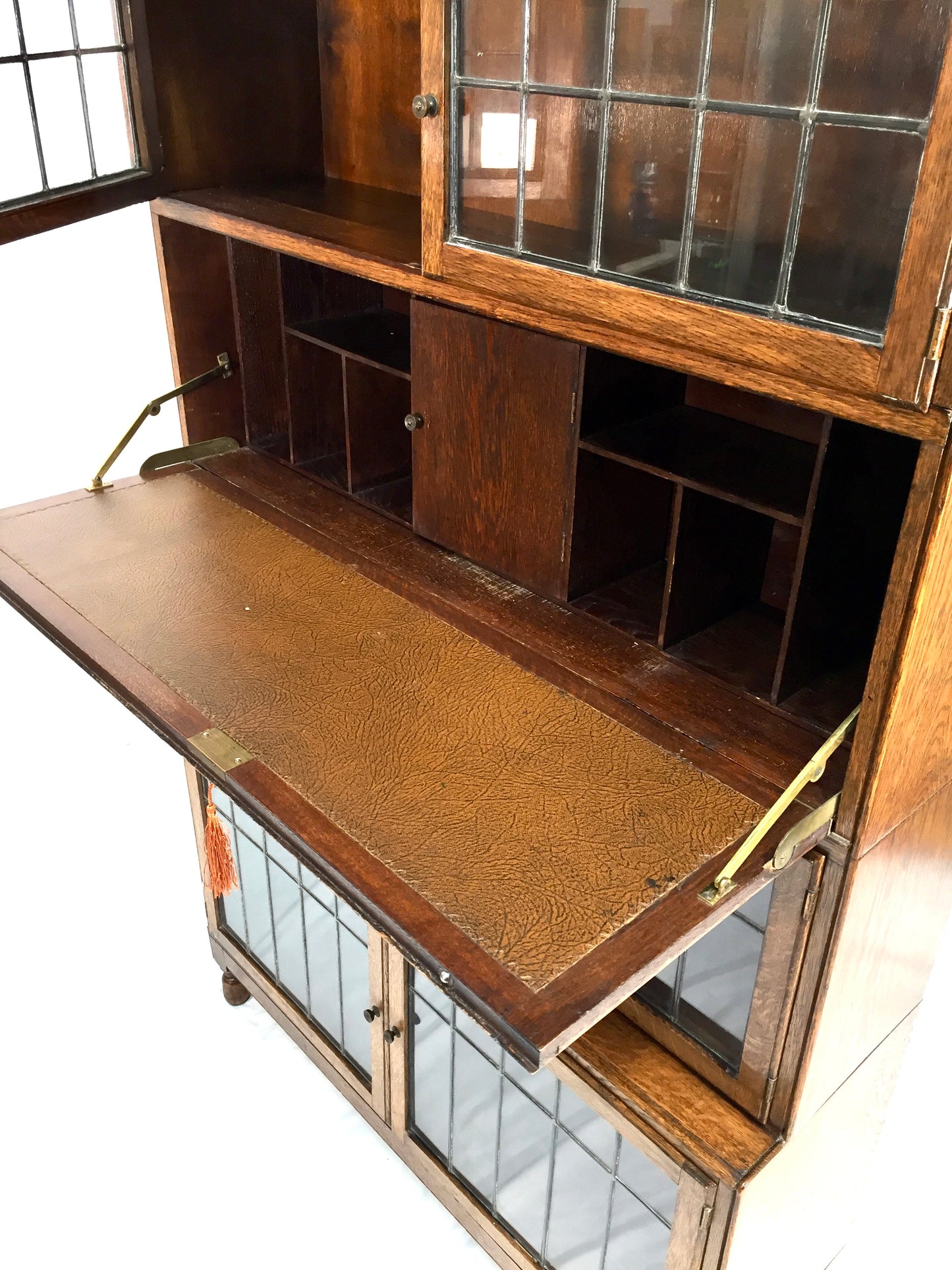 Antique 1930s Minty Oak Leaded Glass Fronted Sectional Bookcase & Bureau Cabinet