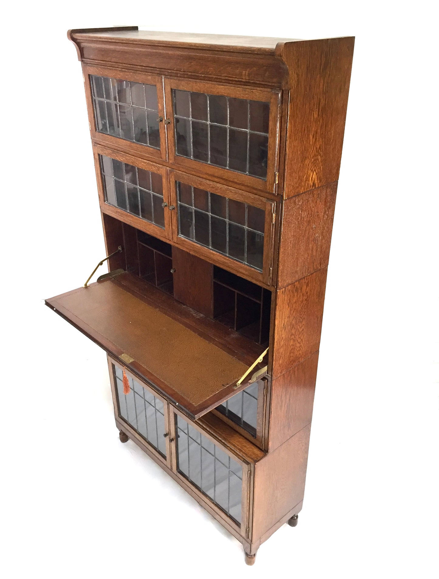 Antique 1930s Minty Oak Leaded Glass Fronted Sectional Bookcase & Bureau Cabinet