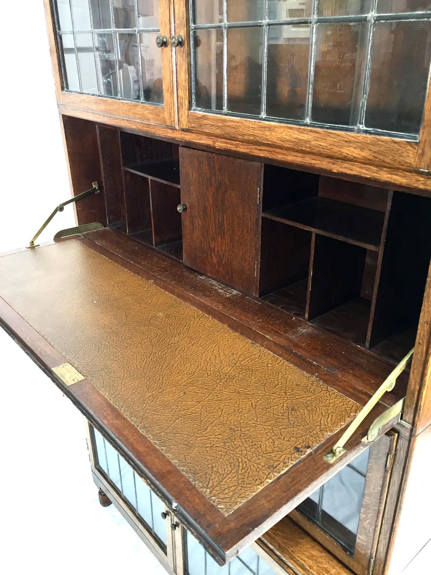Antique 1930s Minty Oak Leaded Glass Fronted Sectional Bookcase & Bureau Cabinet