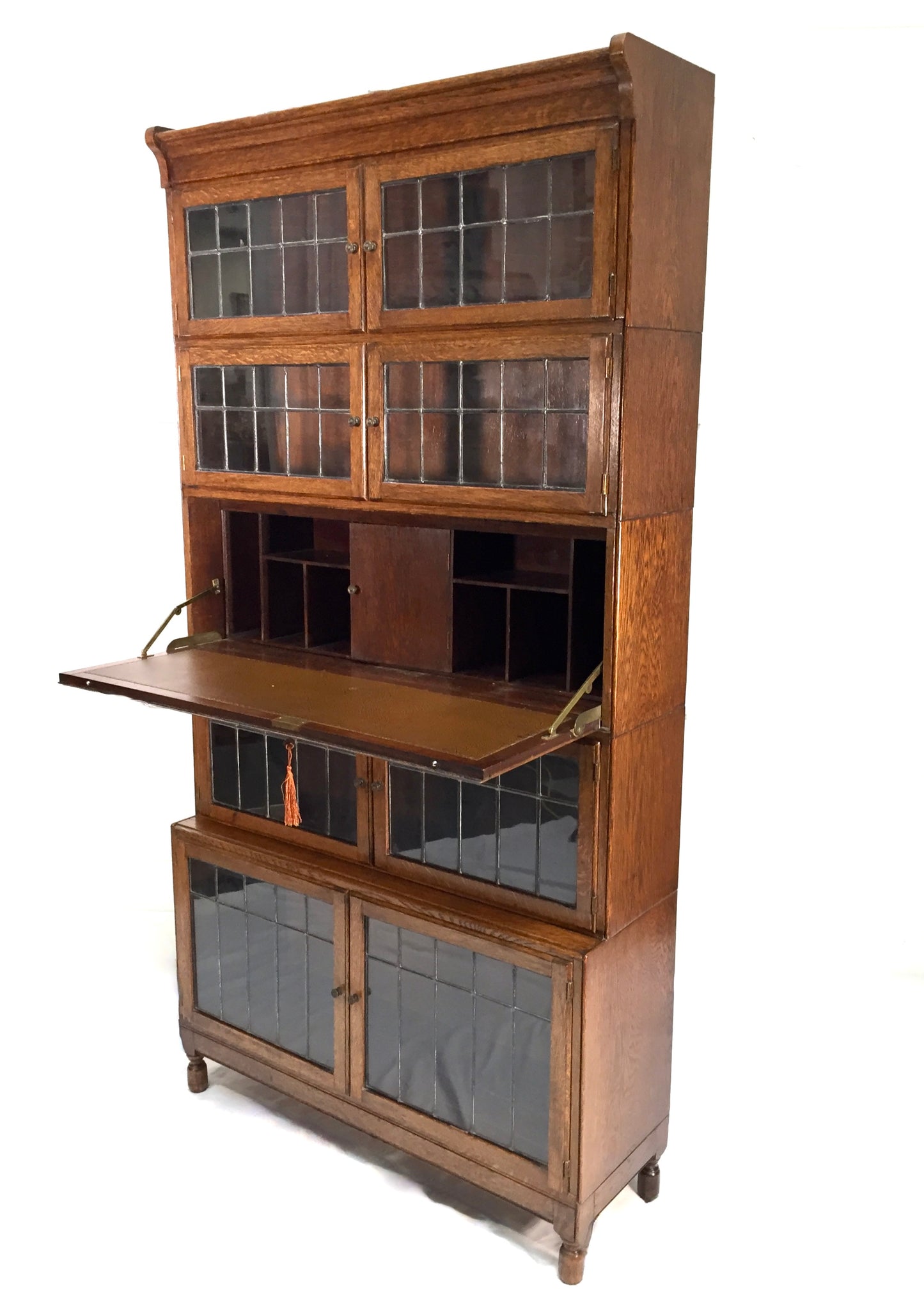 Antique 1930s Minty Oak Leaded Glass Fronted Sectional Bookcase & Bureau Cabinet