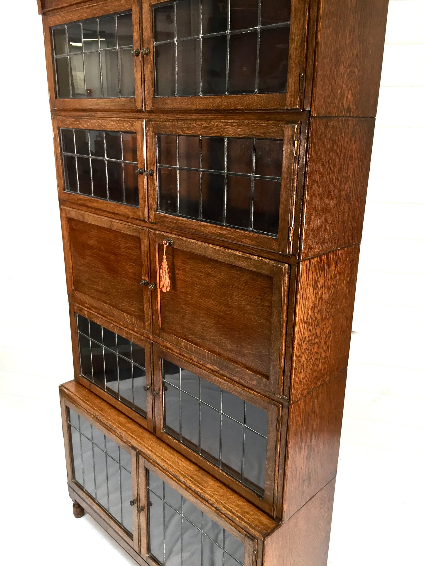 Antique 1930s Minty Oak Leaded Glass Fronted Sectional Bookcase & Bureau Cabinet