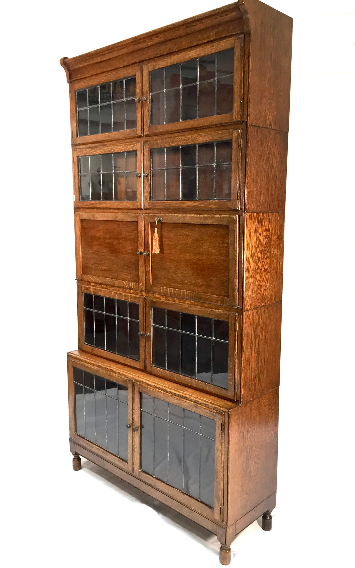 Antique 1930s Minty Oak Leaded Glass Fronted Sectional Bookcase & Bureau Cabinet