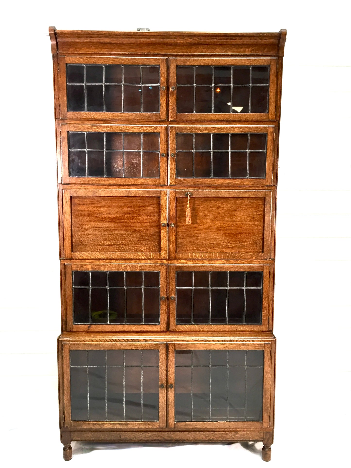 Antique 1930s Minty Oak Leaded Glass Fronted Sectional Bookcase & Bureau Cabinet