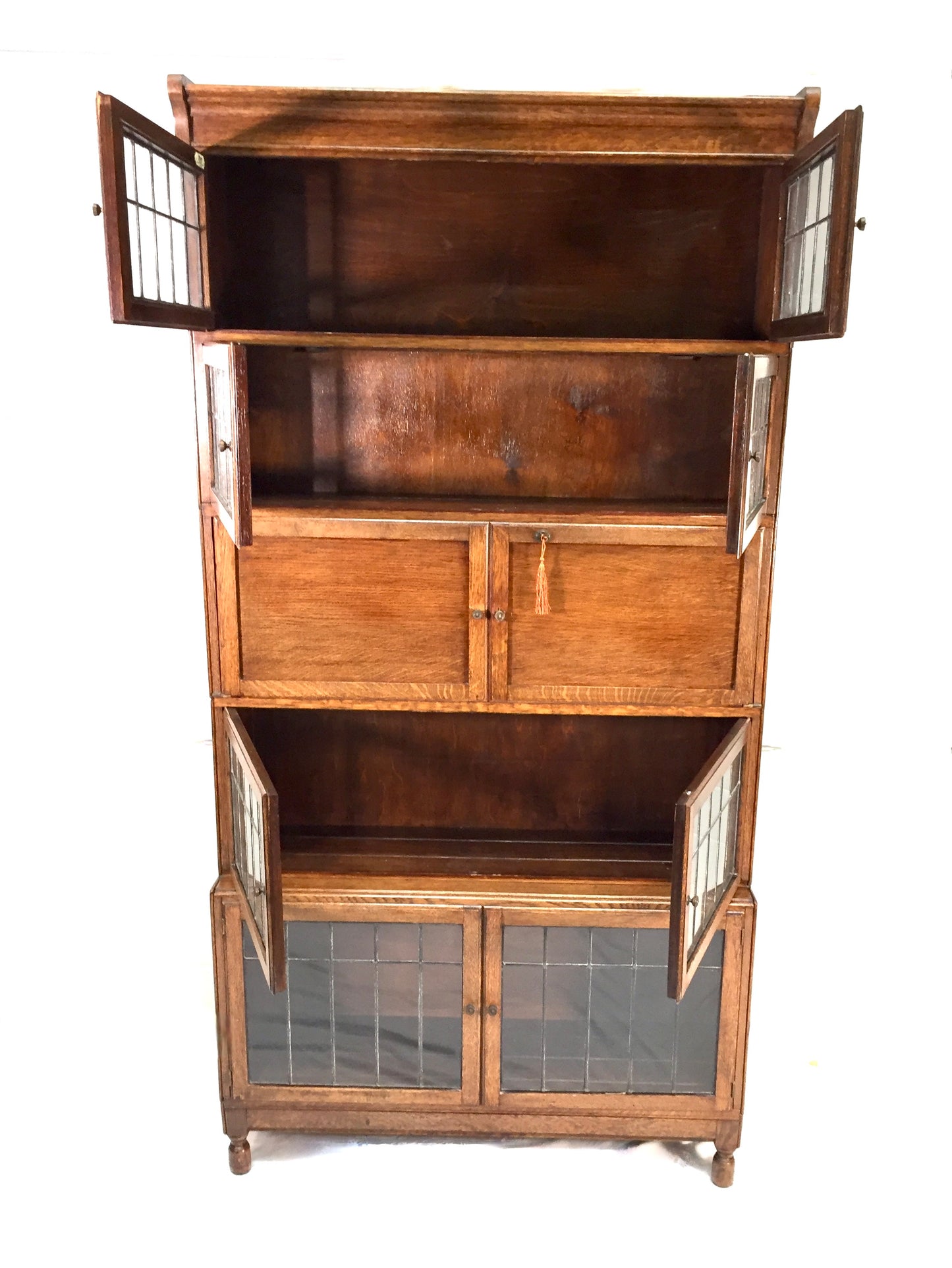Antique 1930s Minty Oak Leaded Glass Fronted Sectional Bookcase & Bureau Cabinet