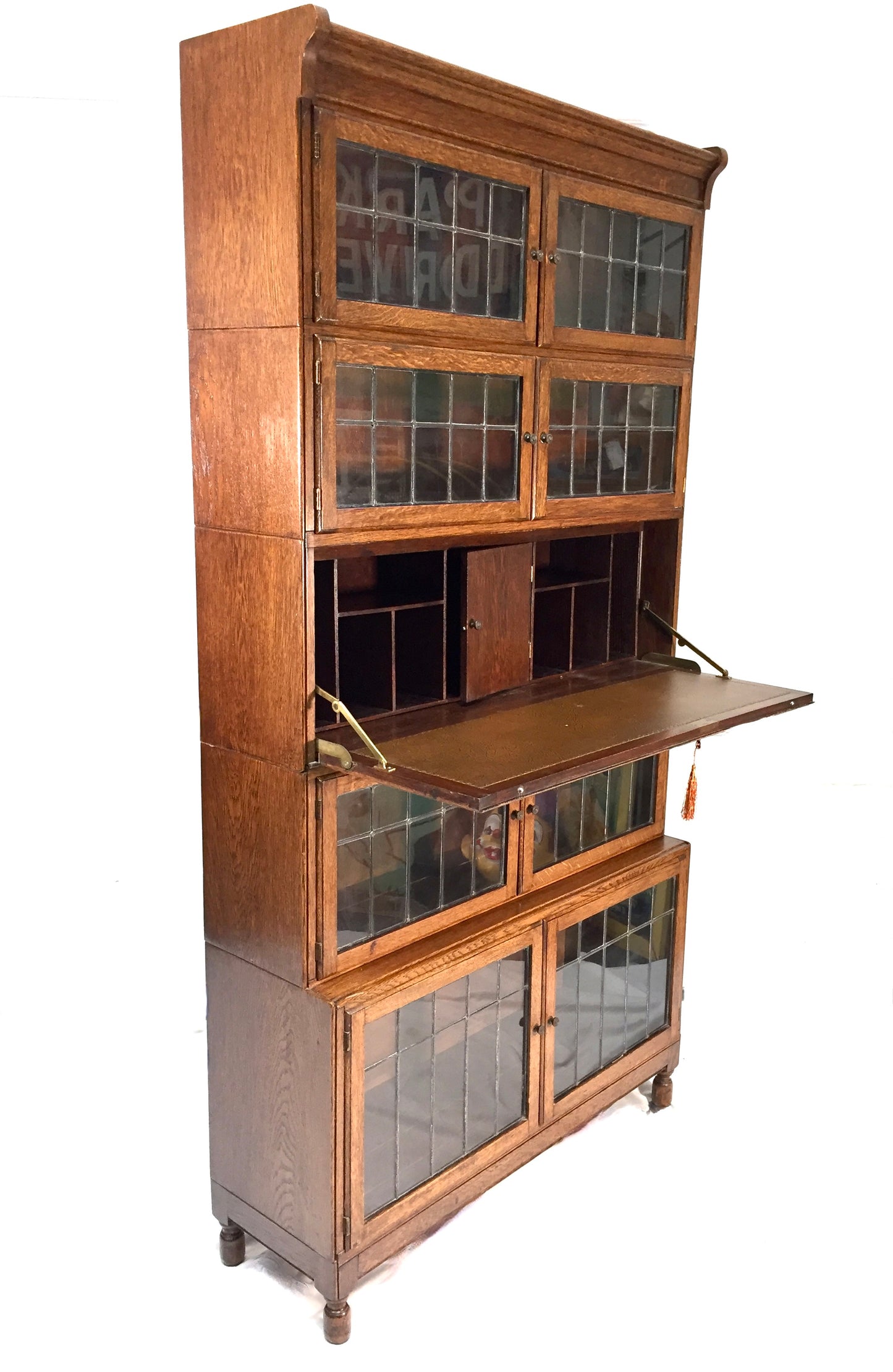 Antique 1930s Minty Oak Leaded Glass Fronted Sectional Bookcase & Bureau Cabinet