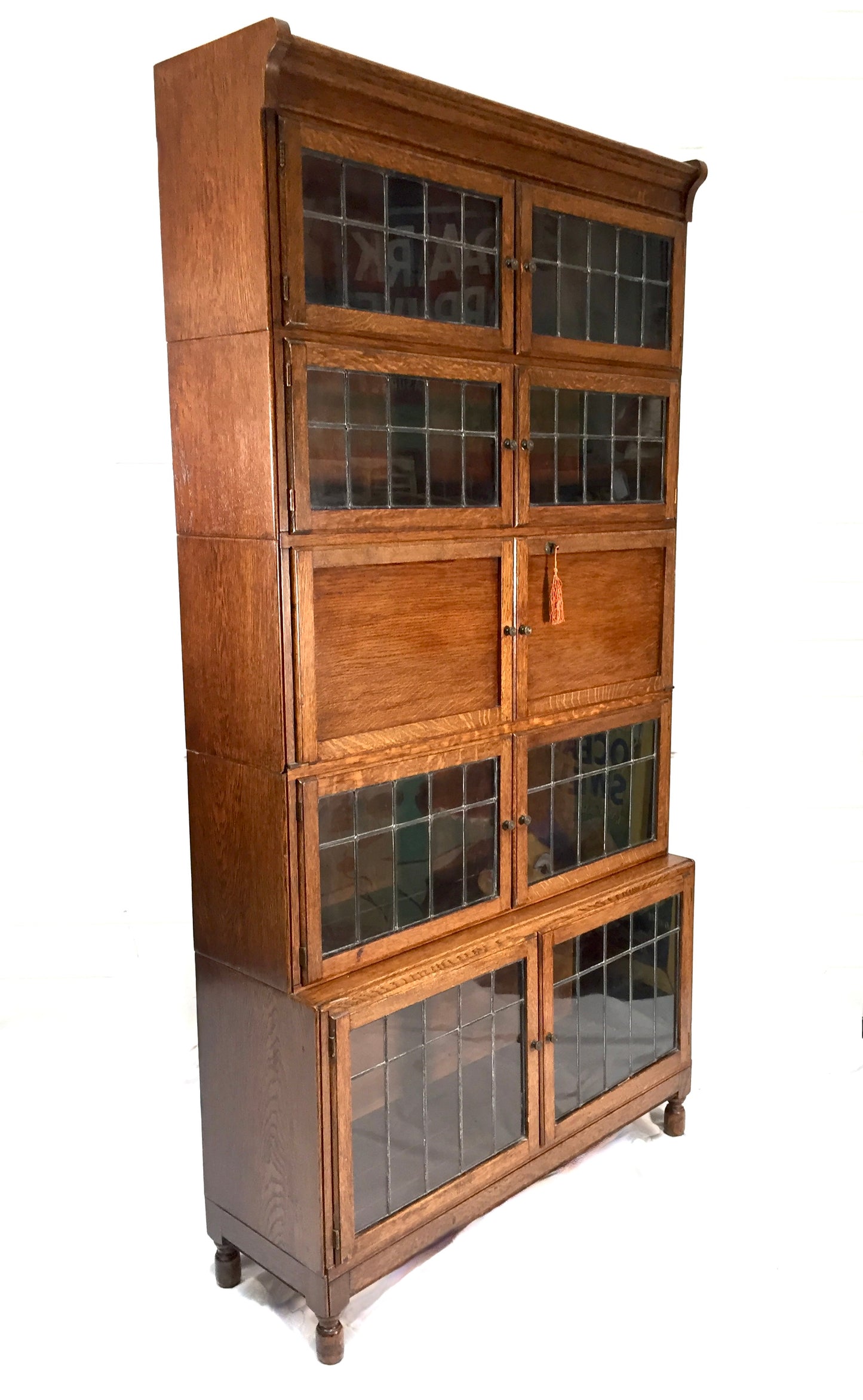 Antique 1930s Minty Oak Leaded Glass Fronted Sectional Bookcase & Bureau Cabinet