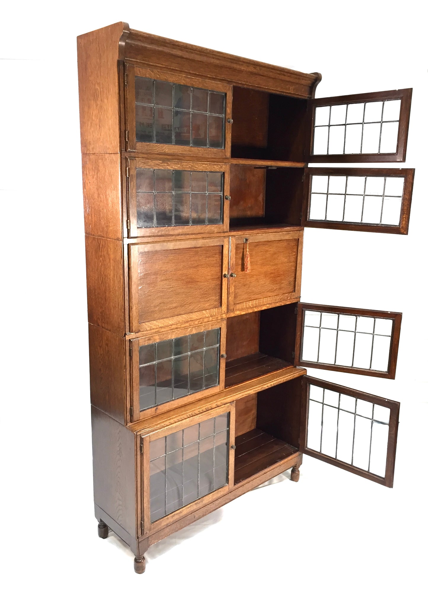 Antique 1930s Minty Oak Leaded Glass Fronted Sectional Bookcase & Bureau Cabinet