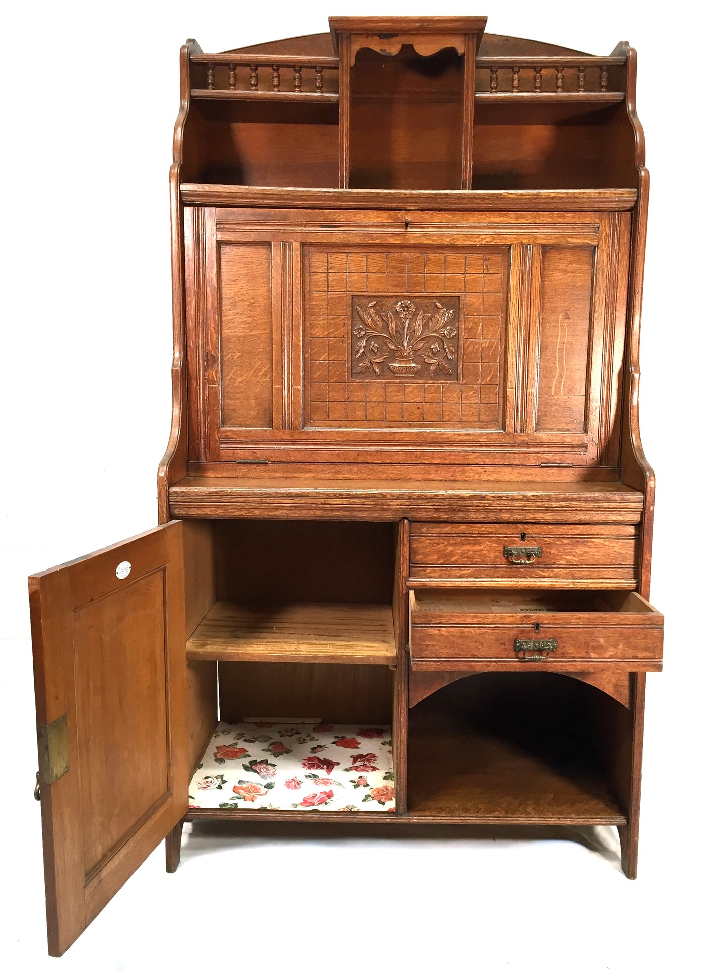Antique Arts & Crafts Oak Wooden Bureau Storage Cabinet Bookcase by Trevor Page