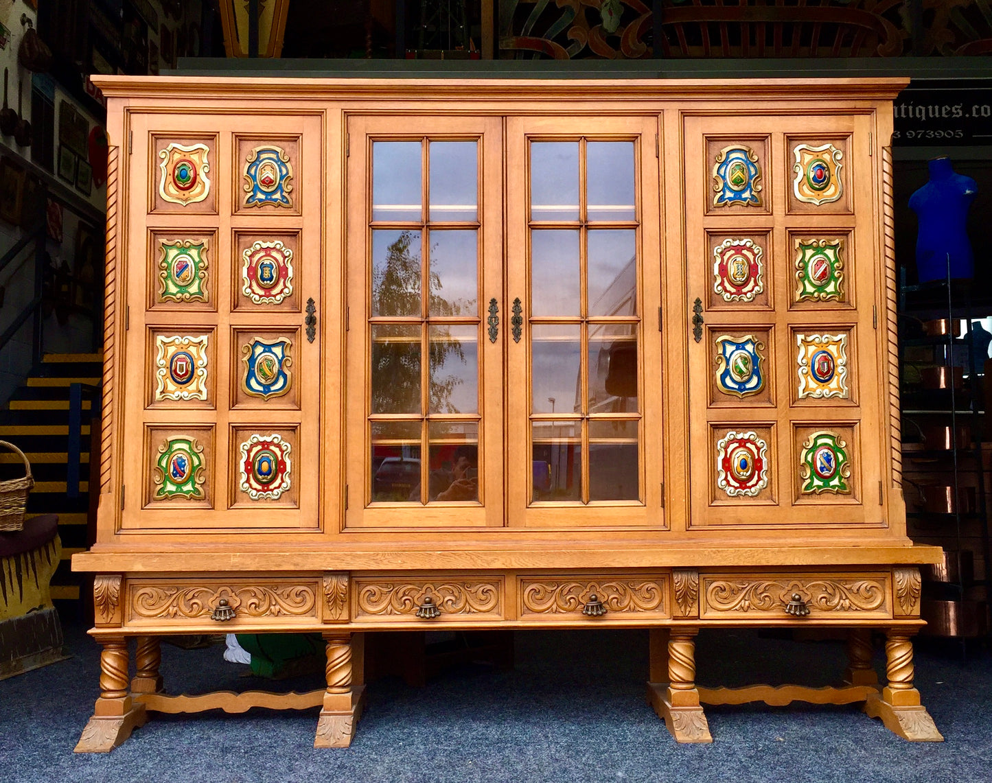 Antique Large Oak Wooden Glazed Fronted Carved Bookcase Storage Cabinet Cupboard