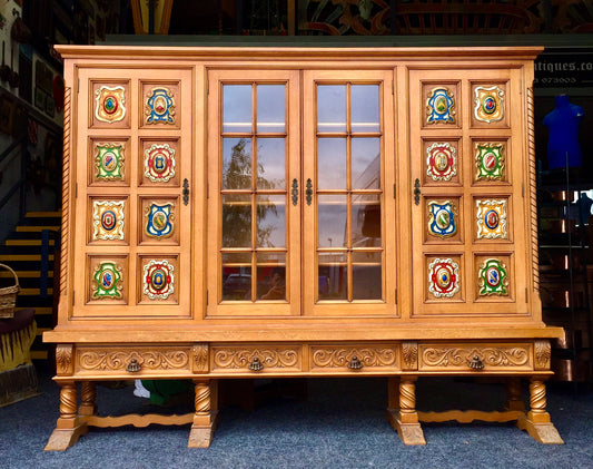 Antique Large Oak Wooden Glazed Fronted Carved Bookcase Storage Cabinet Cupboard