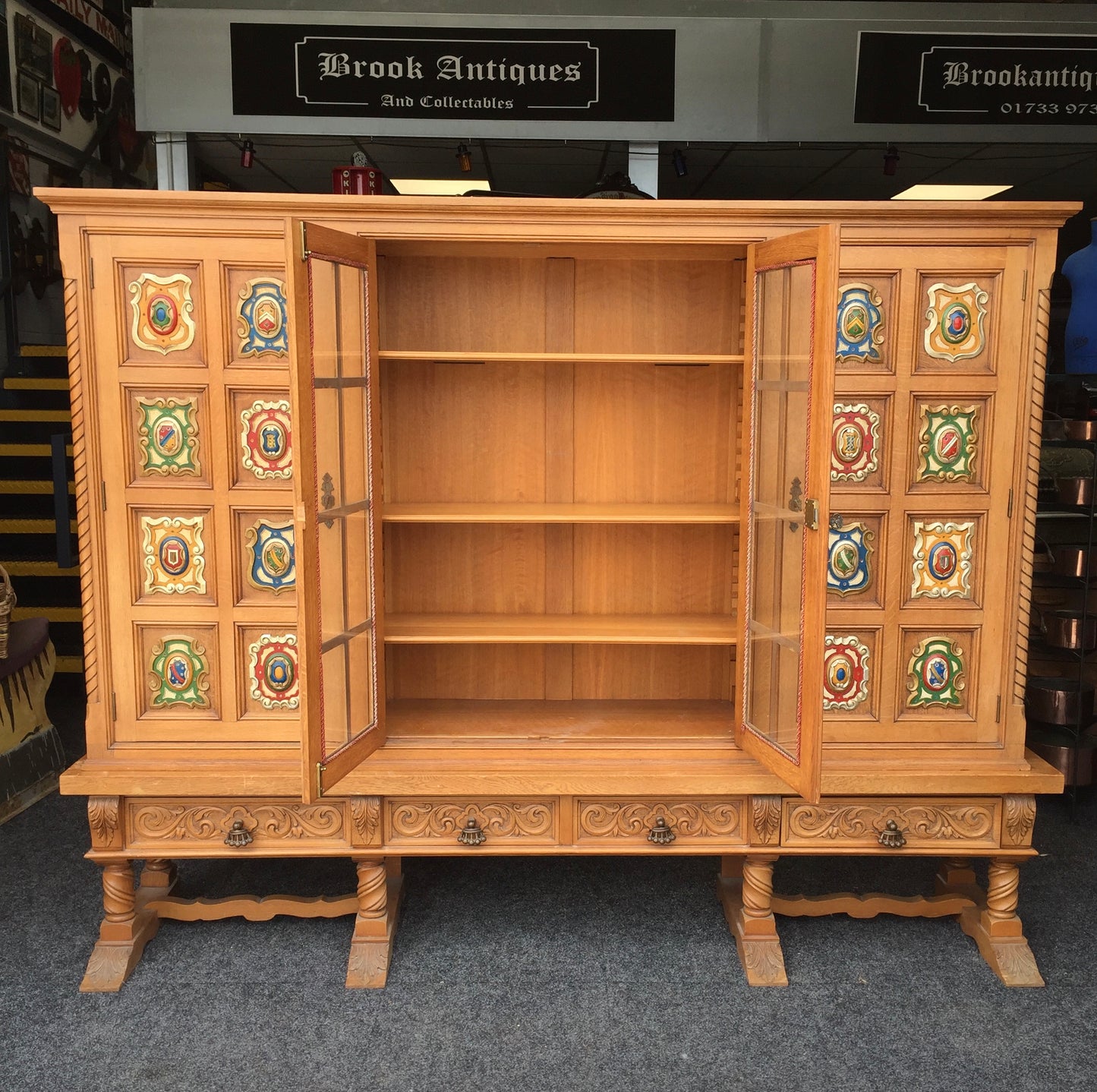 Antique Large Oak Wooden Glazed Fronted Carved Bookcase Storage Cabinet Cupboard