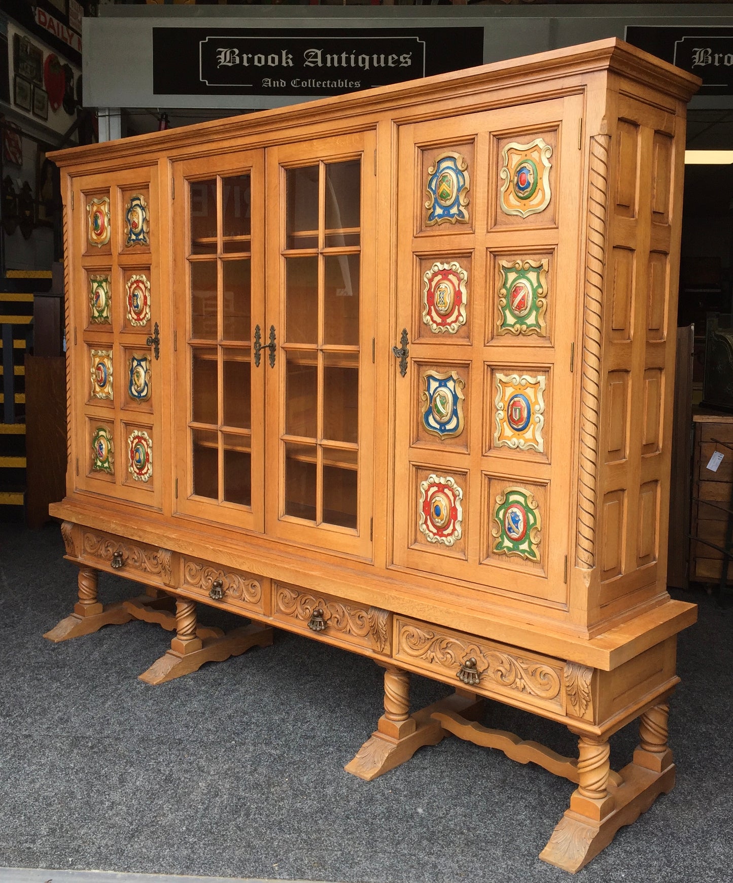 Antique Large Oak Wooden Glazed Fronted Carved Bookcase Storage Cabinet Cupboard