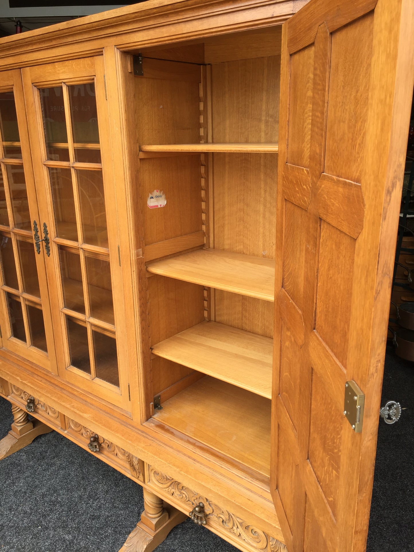 Antique Large Oak Wooden Glazed Fronted Carved Bookcase Storage Cabinet Cupboard