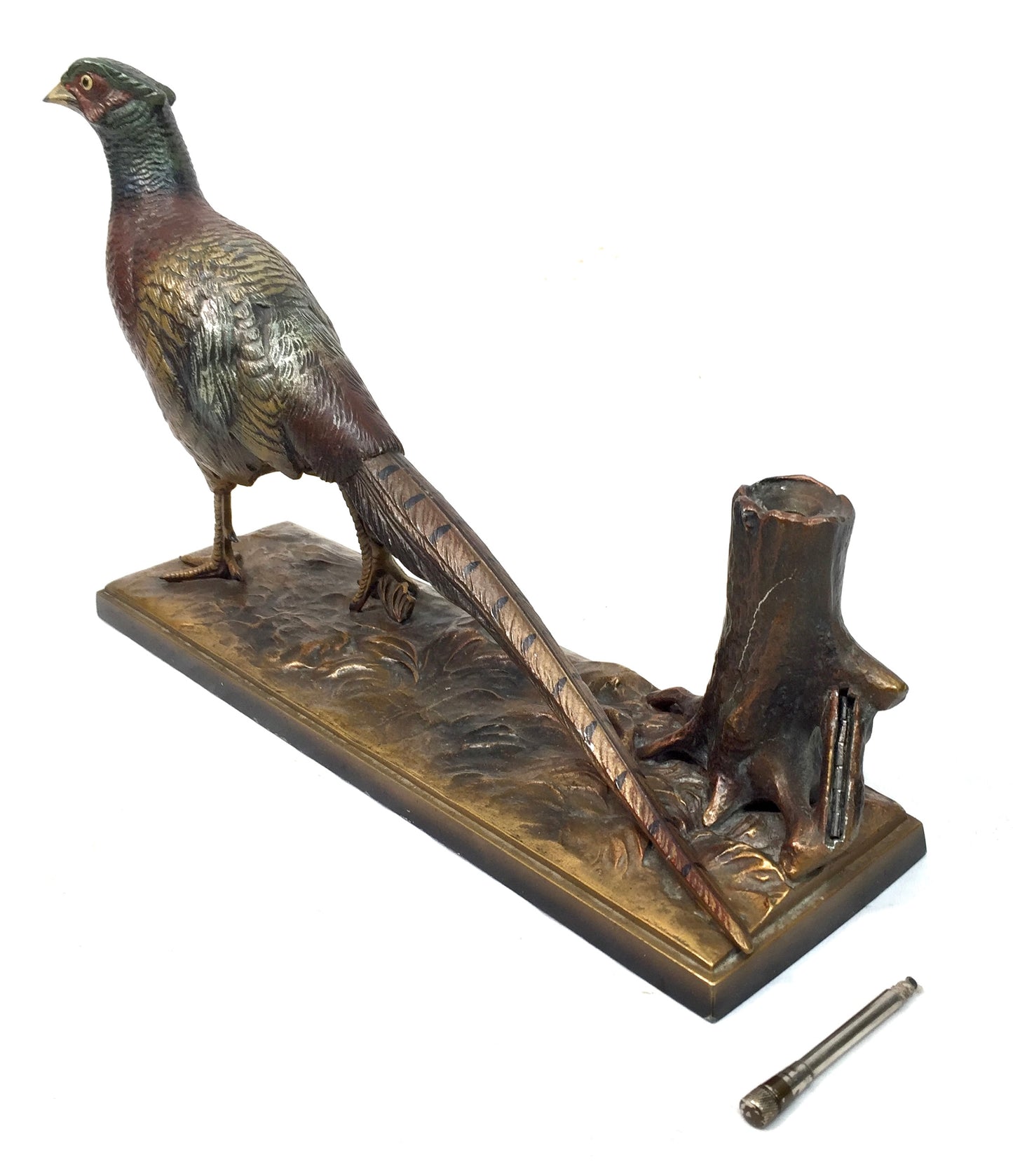 Vintage Austrian Cold Painted Spelter Table Lighter Match Striker Pheasant Form