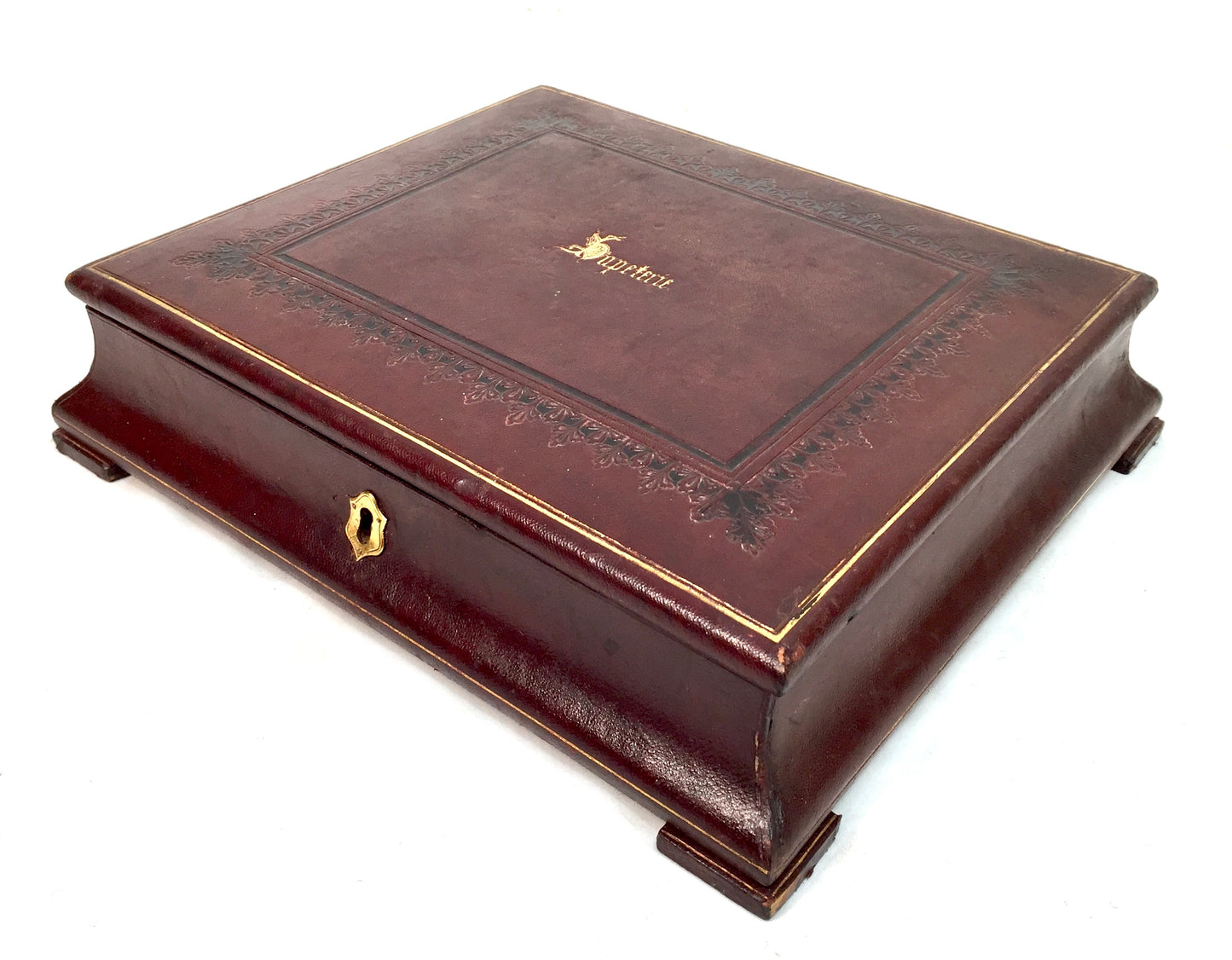 Antique Victorian Burgundy Leather Bound Stationery Box / Writing Storage Chest