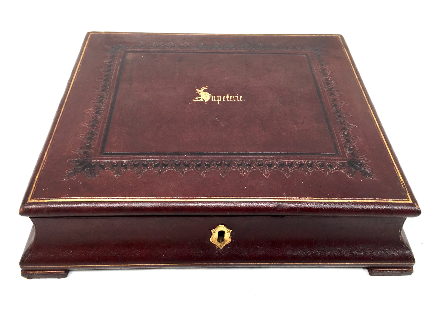 Antique Victorian Burgundy Leather Bound Stationery Box / Writing Storage Chest