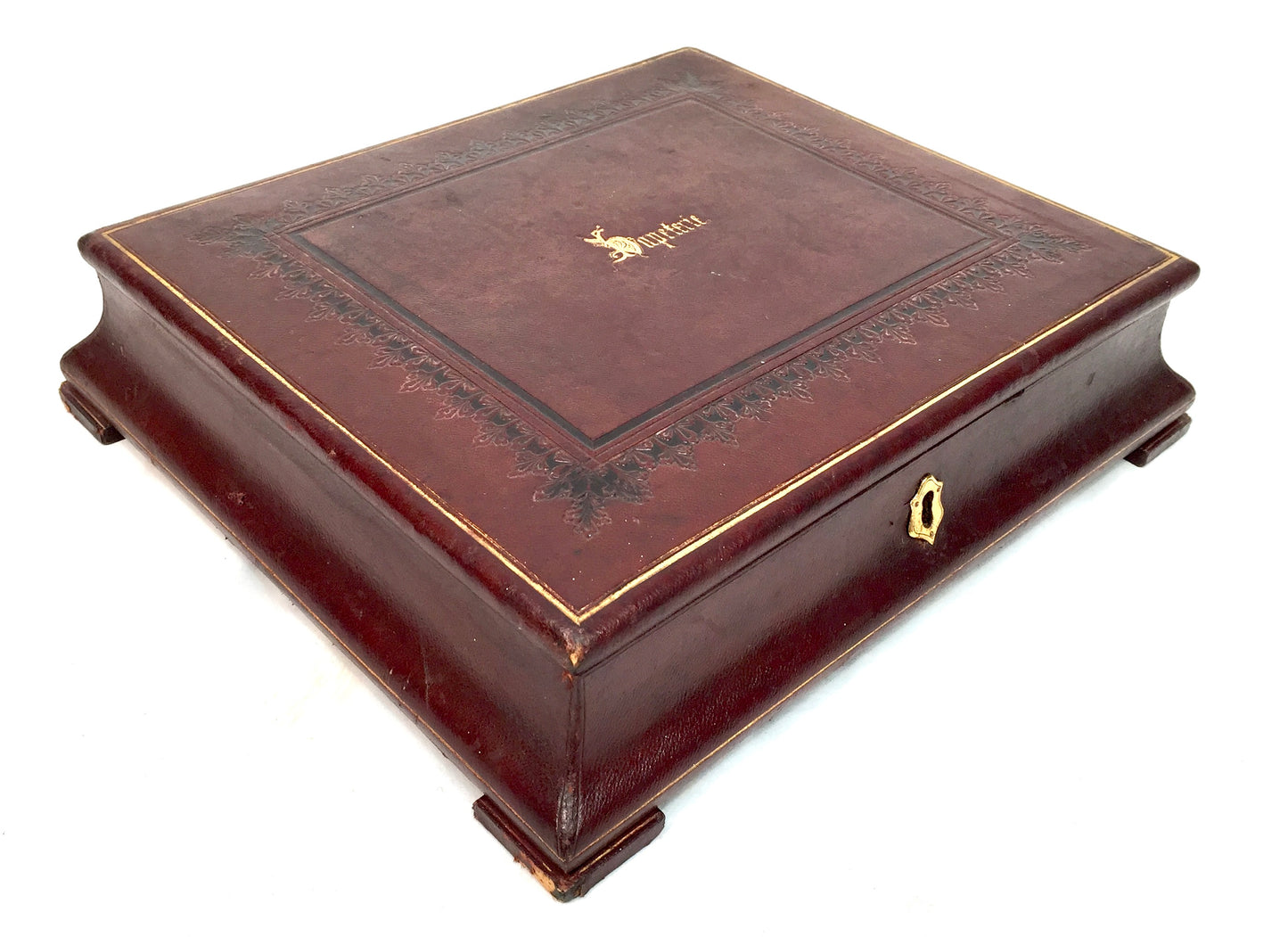Antique Victorian Burgundy Leather Bound Stationery Box / Writing Storage Chest