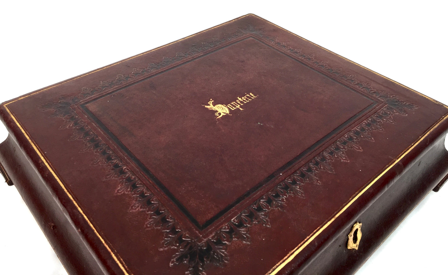 Antique Victorian Burgundy Leather Bound Stationery Box / Writing Storage Chest