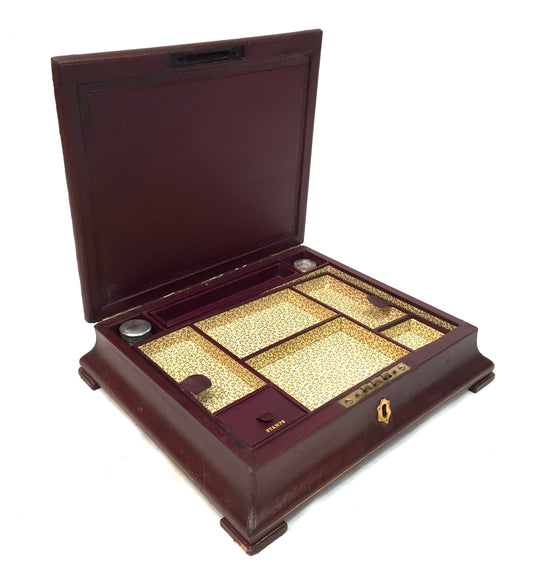 Antique Victorian Burgundy Leather Bound Stationery Box / Writing Storage Chest