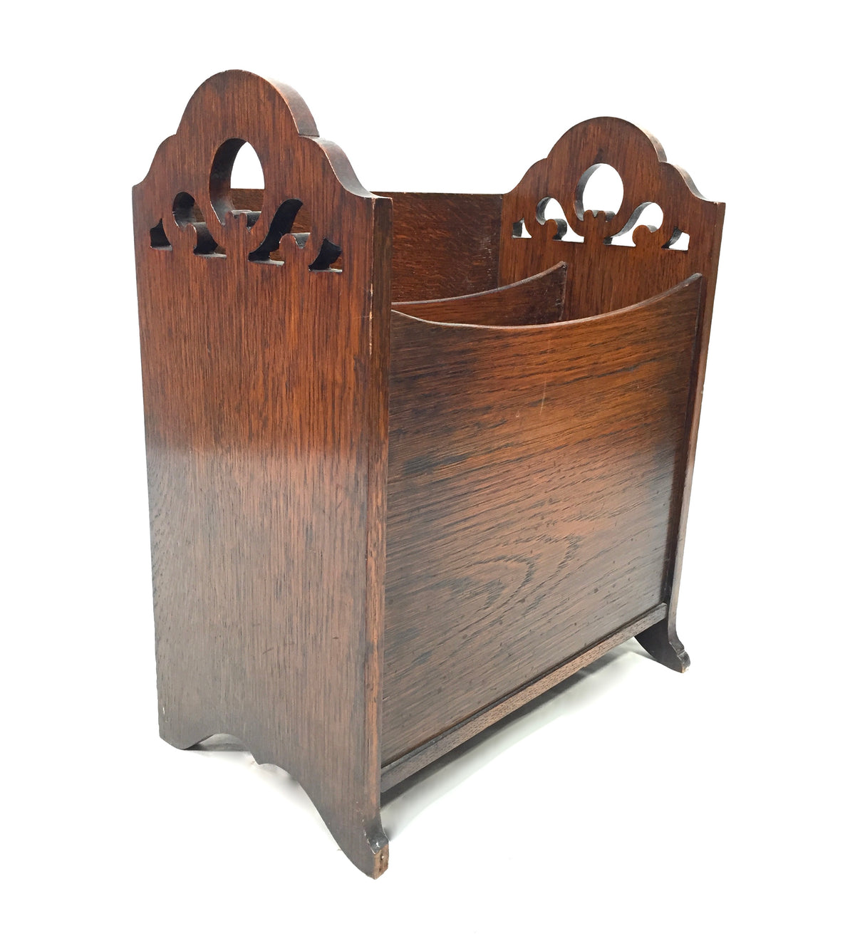 Antique Wooden Oak Carved Magazine Newspaper Rack Paper Stationery Holder c.1950