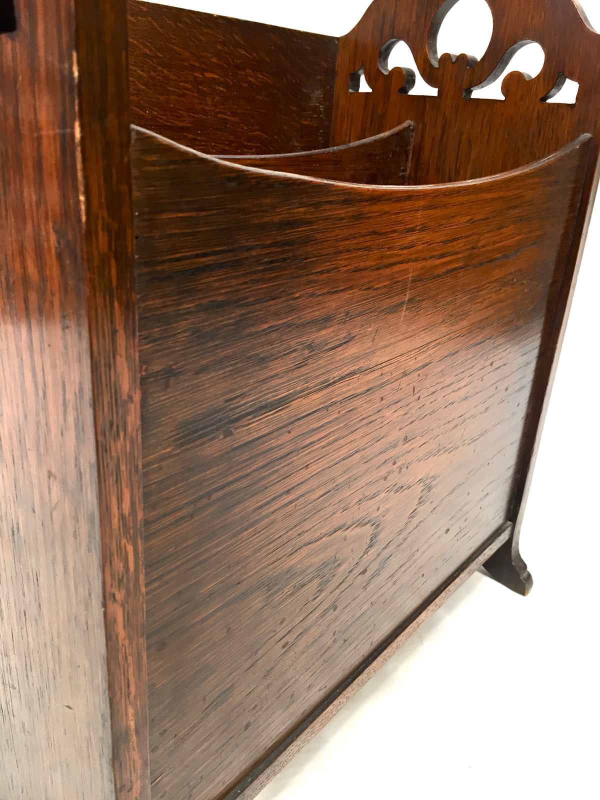 Antique Wooden Oak Carved Magazine Newspaper Rack Paper Stationery Holder c.1950