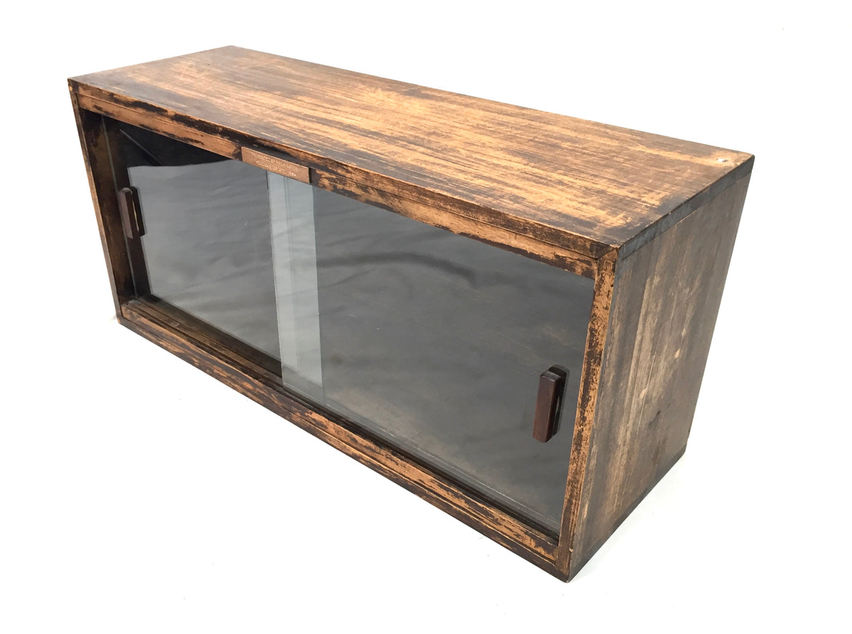 Vintage Tabletop Wooden & Glass Fronted Sliding Doors Storage Display Cabinet