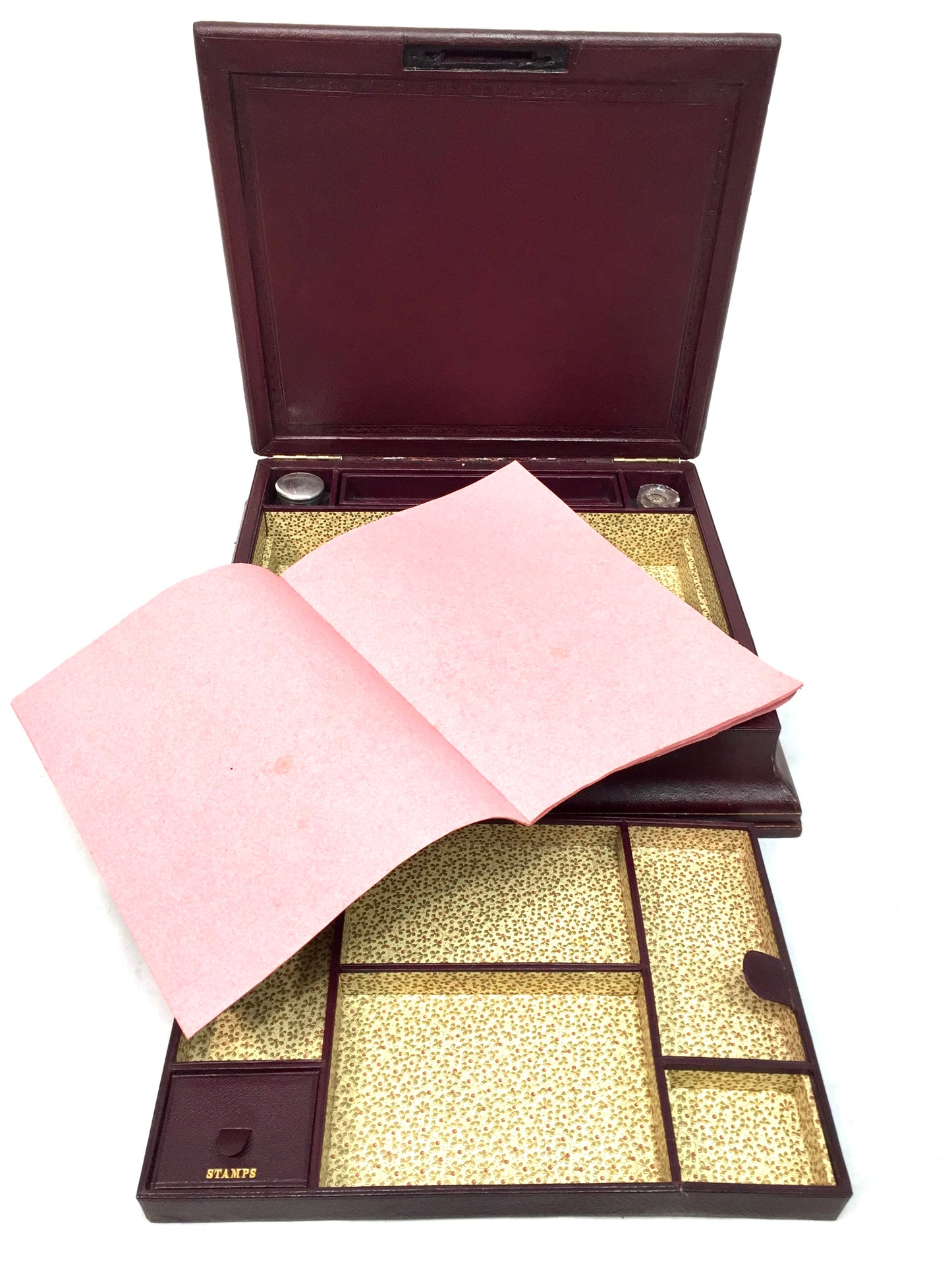 Antique Victorian Burgundy Leather Bound Stationery Box / Writing Storage Chest