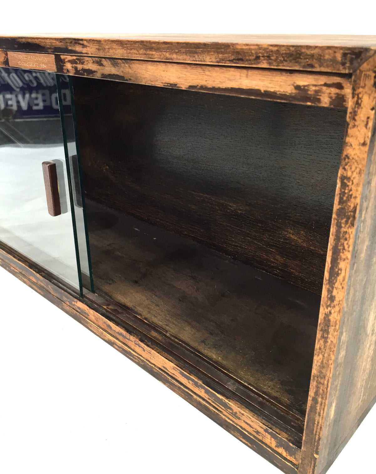 Vintage Tabletop Wooden & Glass Fronted Sliding Doors Storage Display Cabinet