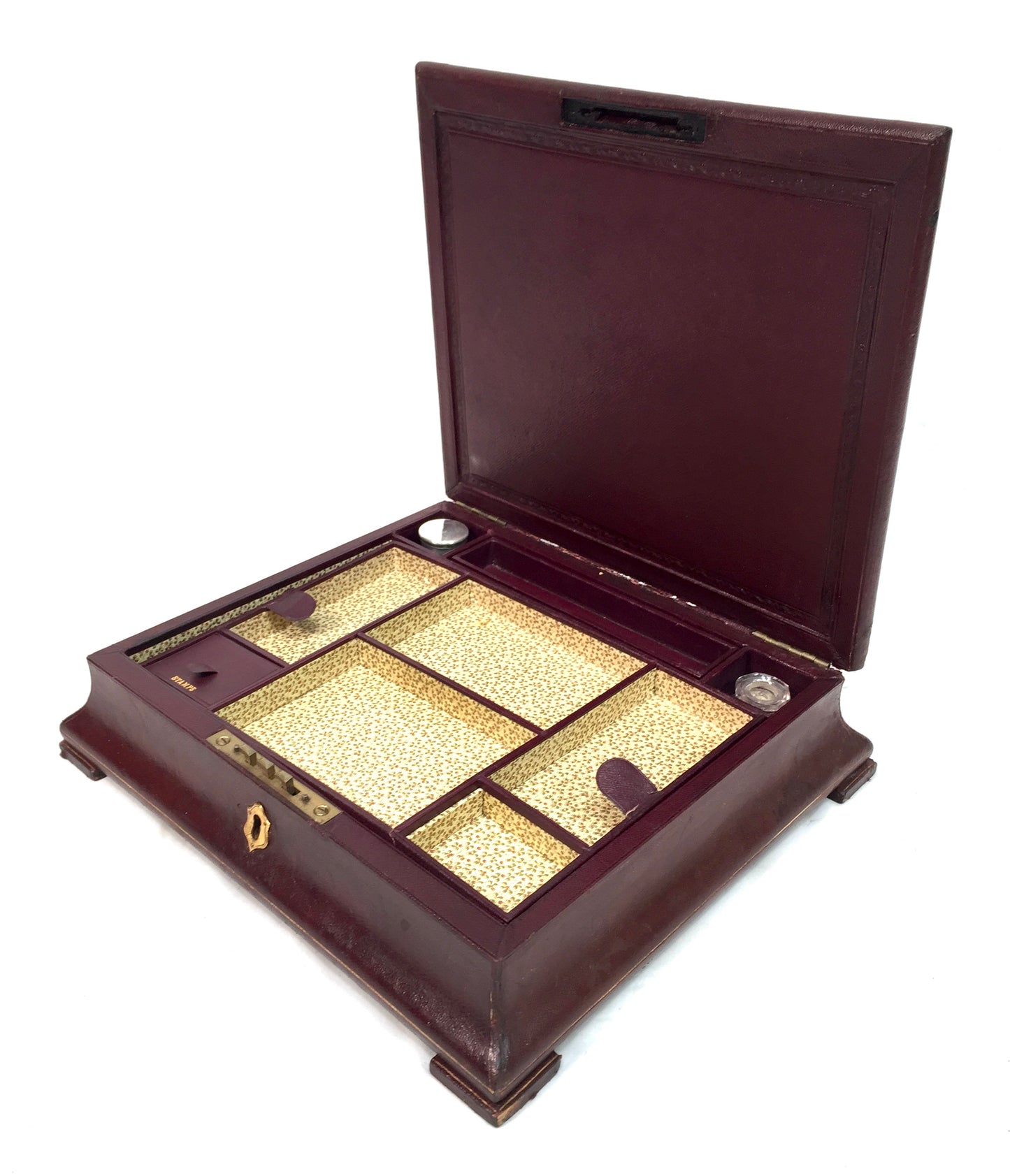 Antique Victorian Burgundy Leather Bound Stationery Box / Writing Storage Chest