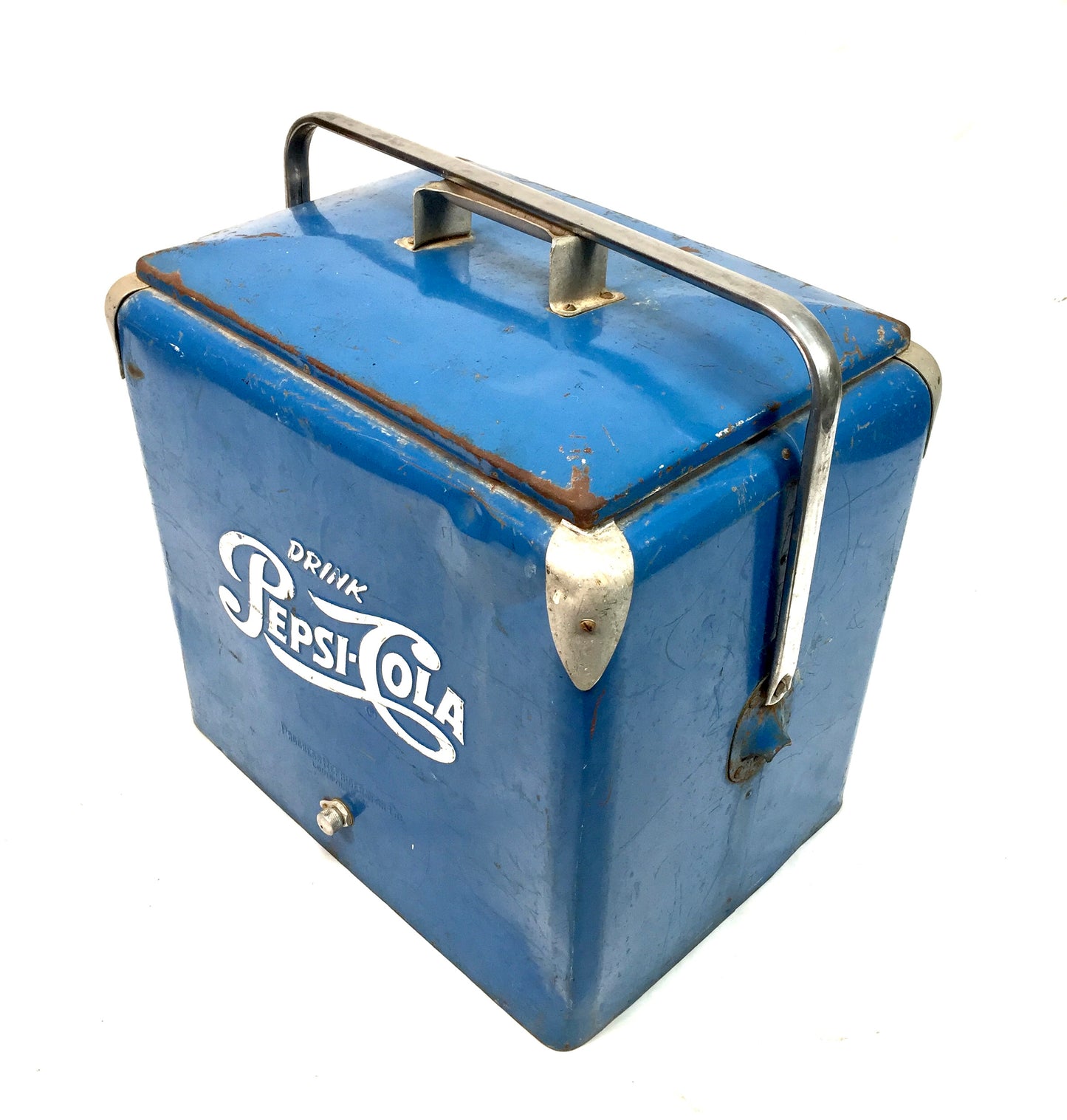 Antique Advertising - Original Blue Metal Pepsi Cola Picnic Cooler Box c.1950