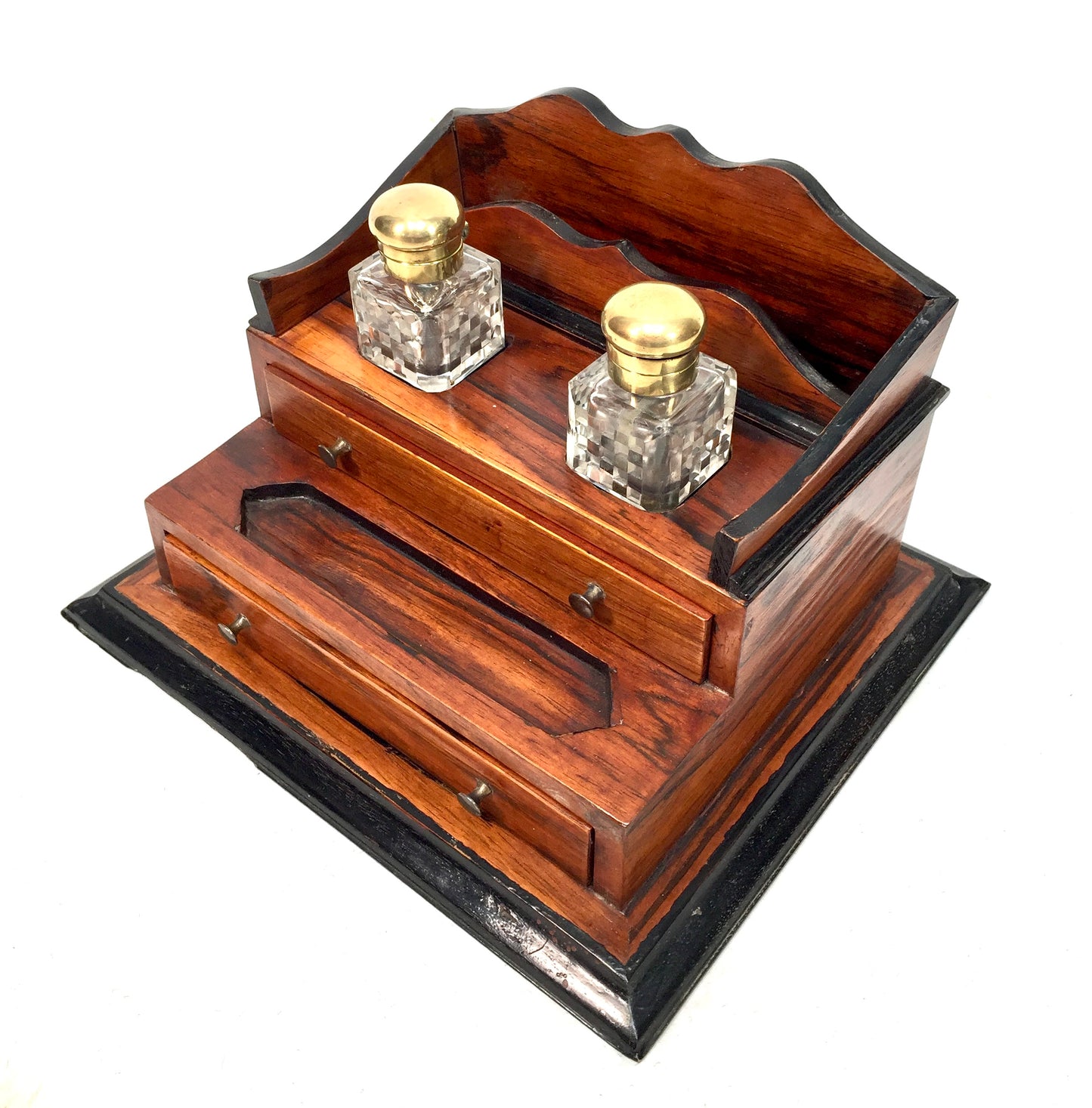 Antique Victorian Wooden Desktop Writing Inkstand / Stationery Letter Rack