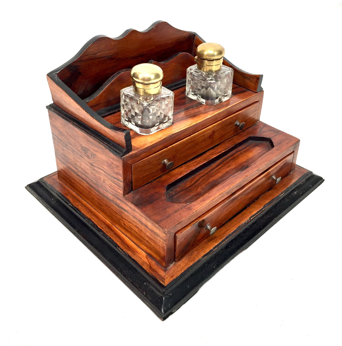 Antique Victorian Wooden Desktop Writing Inkstand / Stationery Letter Rack