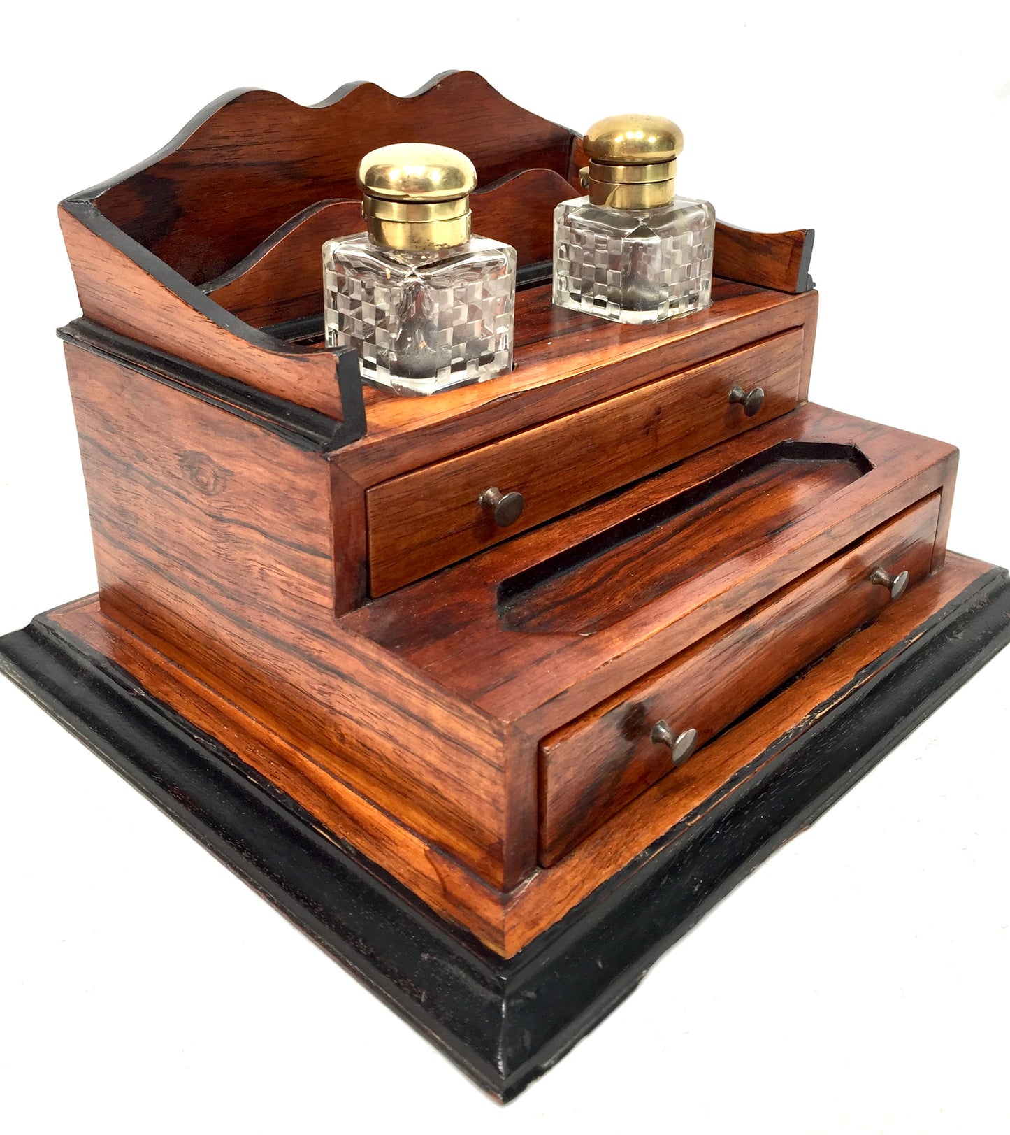 Antique Victorian Wooden Desktop Writing Inkstand / Stationery Letter Rack