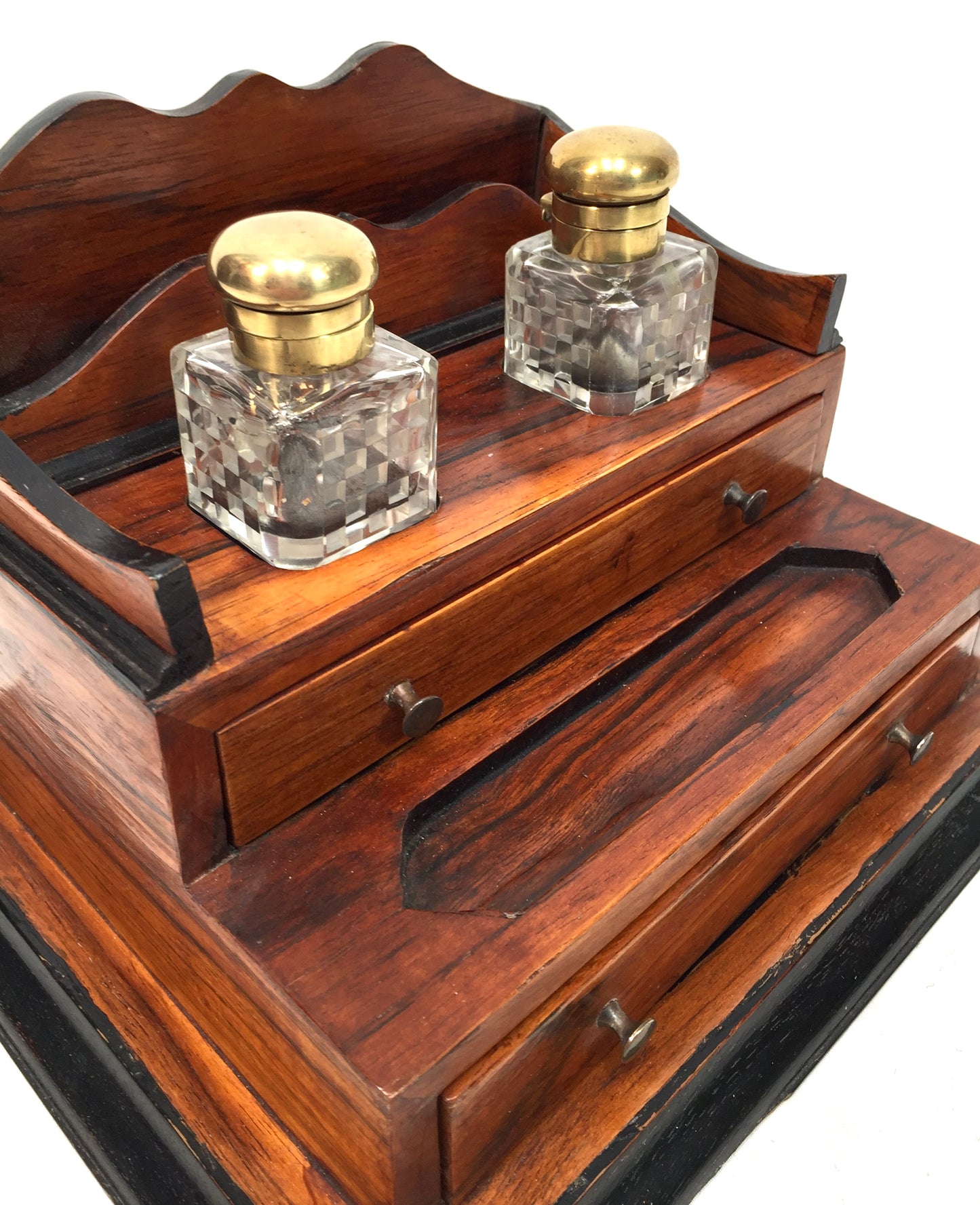 Antique Victorian Wooden Desktop Writing Inkstand / Stationery Letter Rack