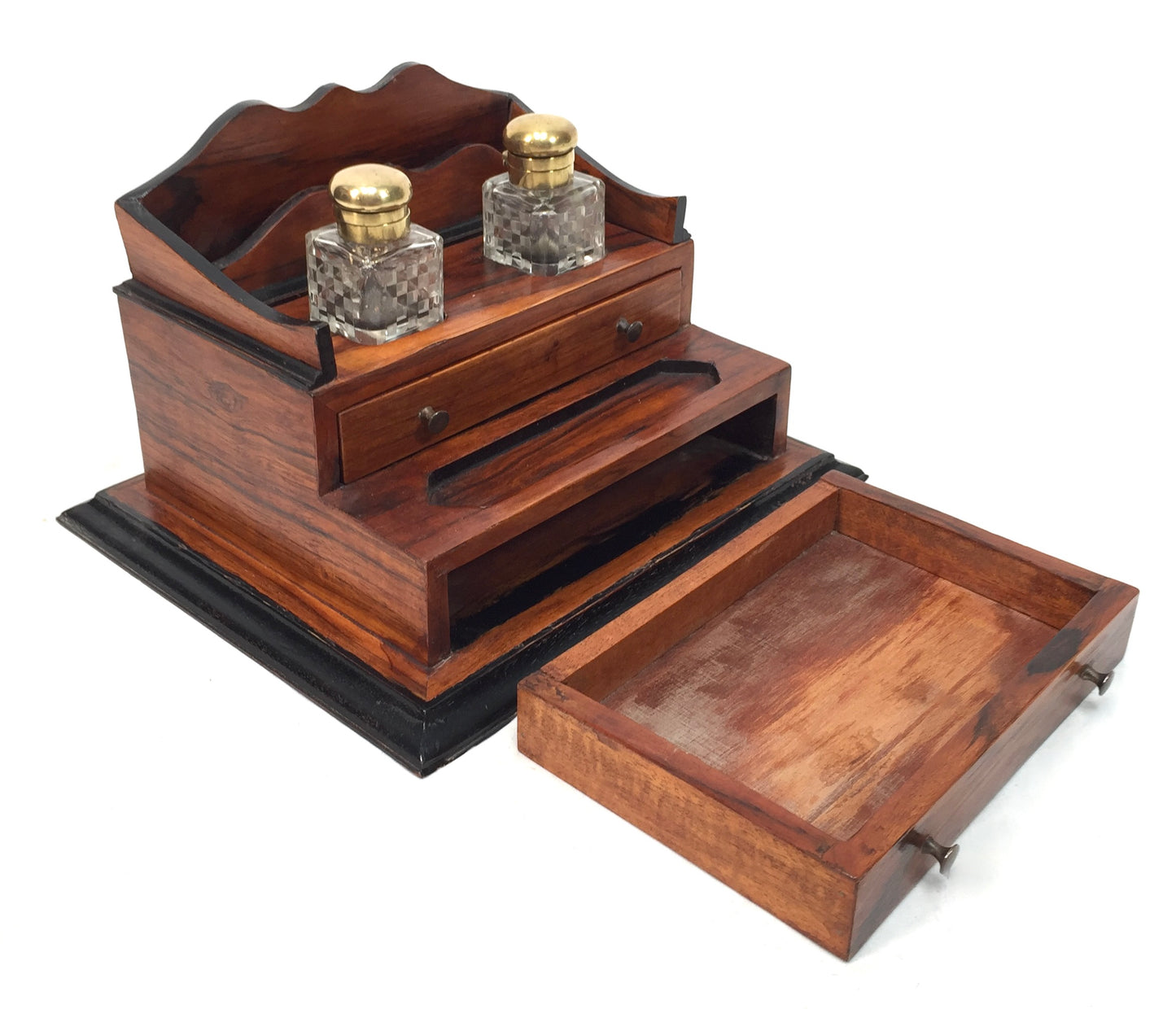 Antique Victorian Wooden Desktop Writing Inkstand / Stationery Letter Rack