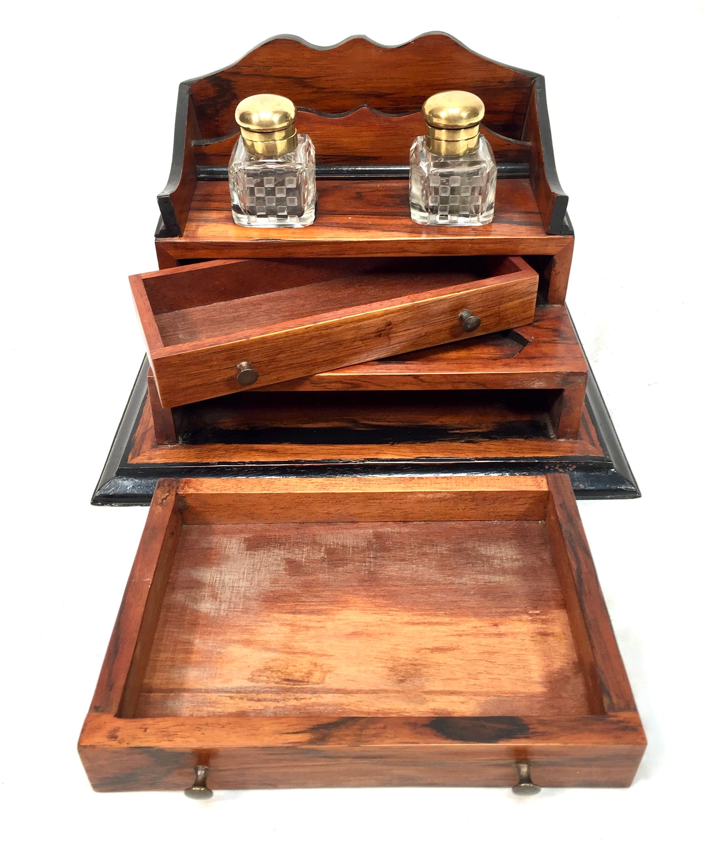 Antique Victorian Wooden Desktop Writing Inkstand / Stationery Letter Rack