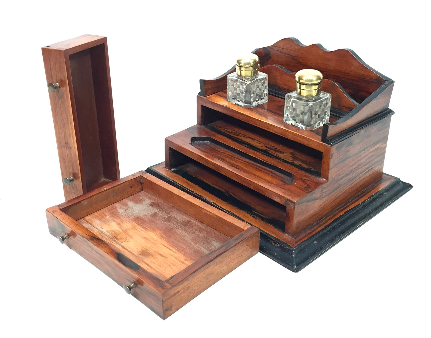 Antique Victorian Wooden Desktop Writing Inkstand / Stationery Letter Rack